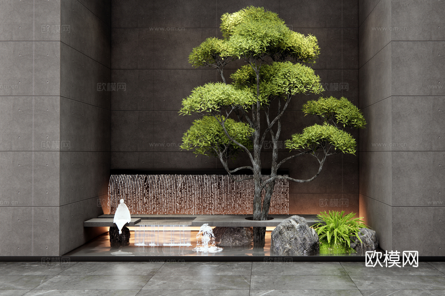 现代室内水景 跌水景观 室内植物造景 石头 景观树 乔木su模型