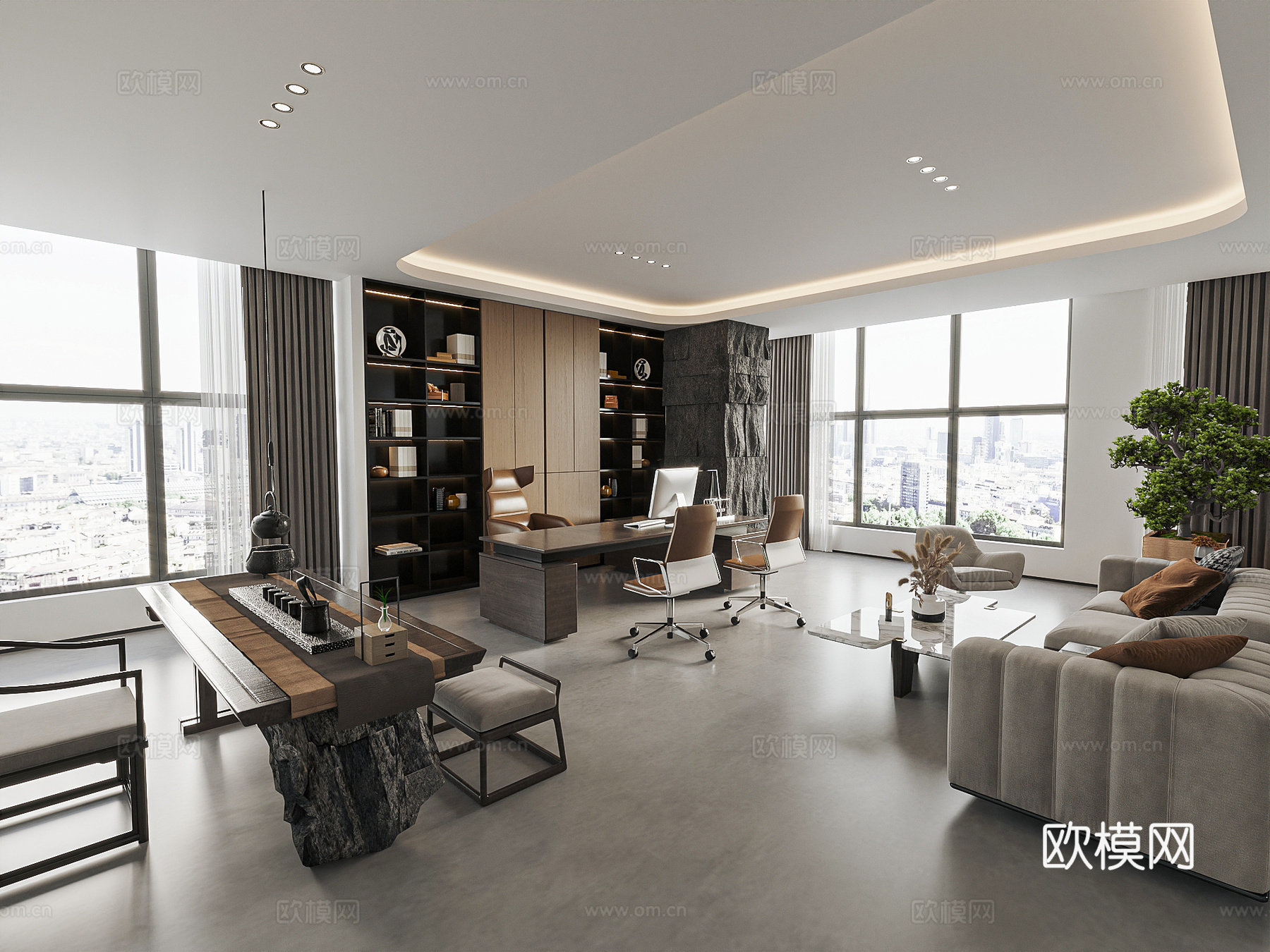 现代轻奢经理办公室 茶桌椅 发财树 展示柜 办公桌椅3d模型下载（渲染图2）