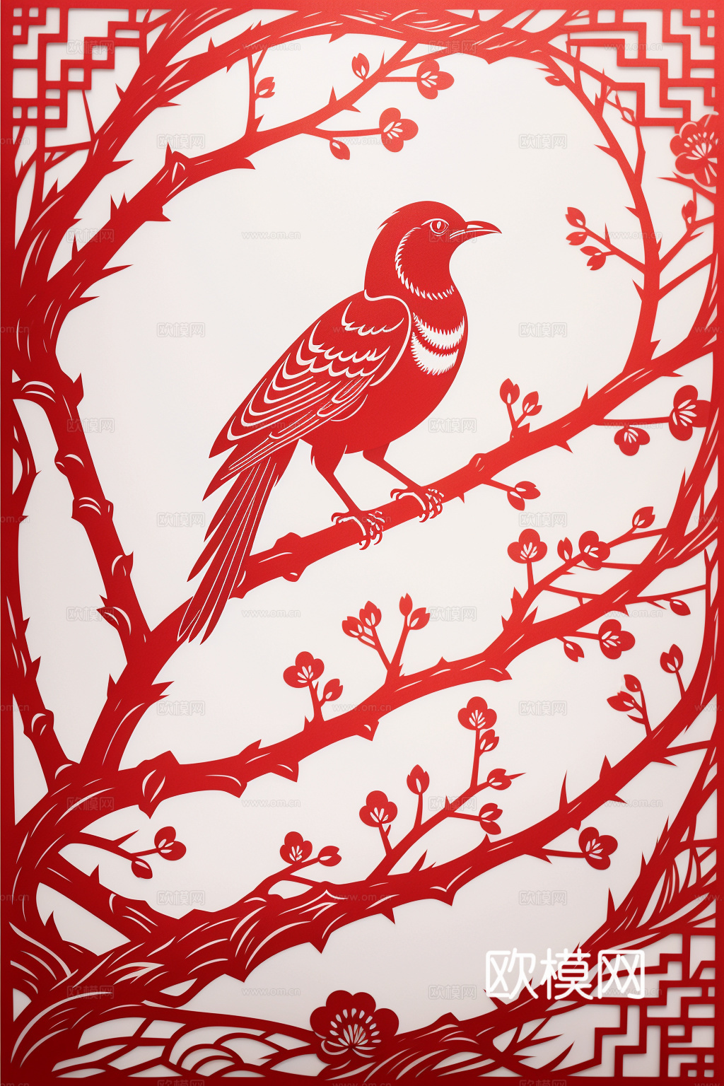 中式剪纸画 装饰画 窗花 鸟 民俗画