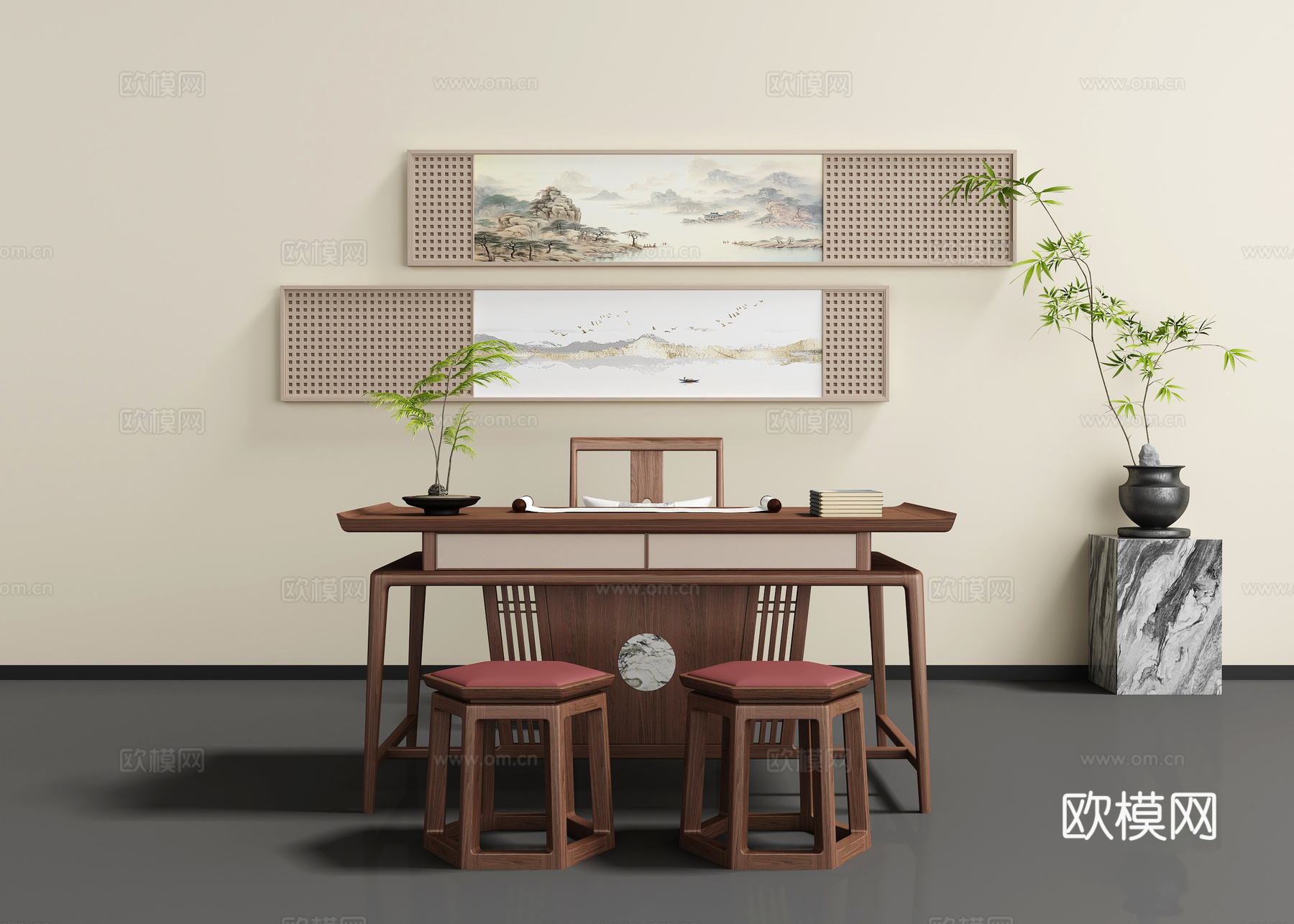 新中式书桌椅3d模型