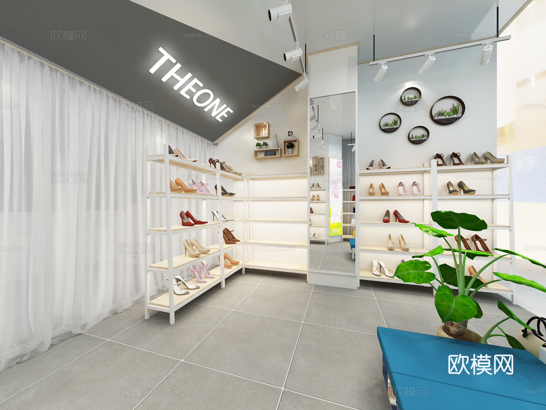 现代女鞋店鞋子包包鞋架展示柜前台镜子窗帘墙饰门头3d模型