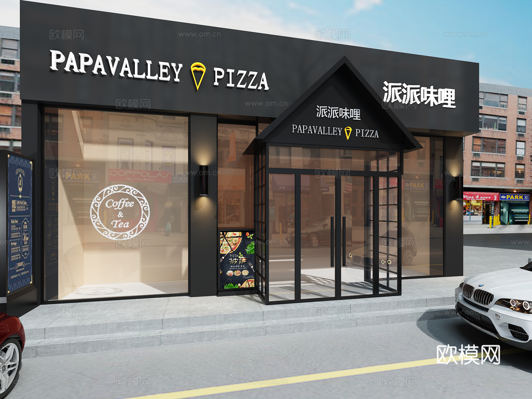 工业风披萨店展示柜隔断 现代吊灯 餐桌 柜台 门头3d模型