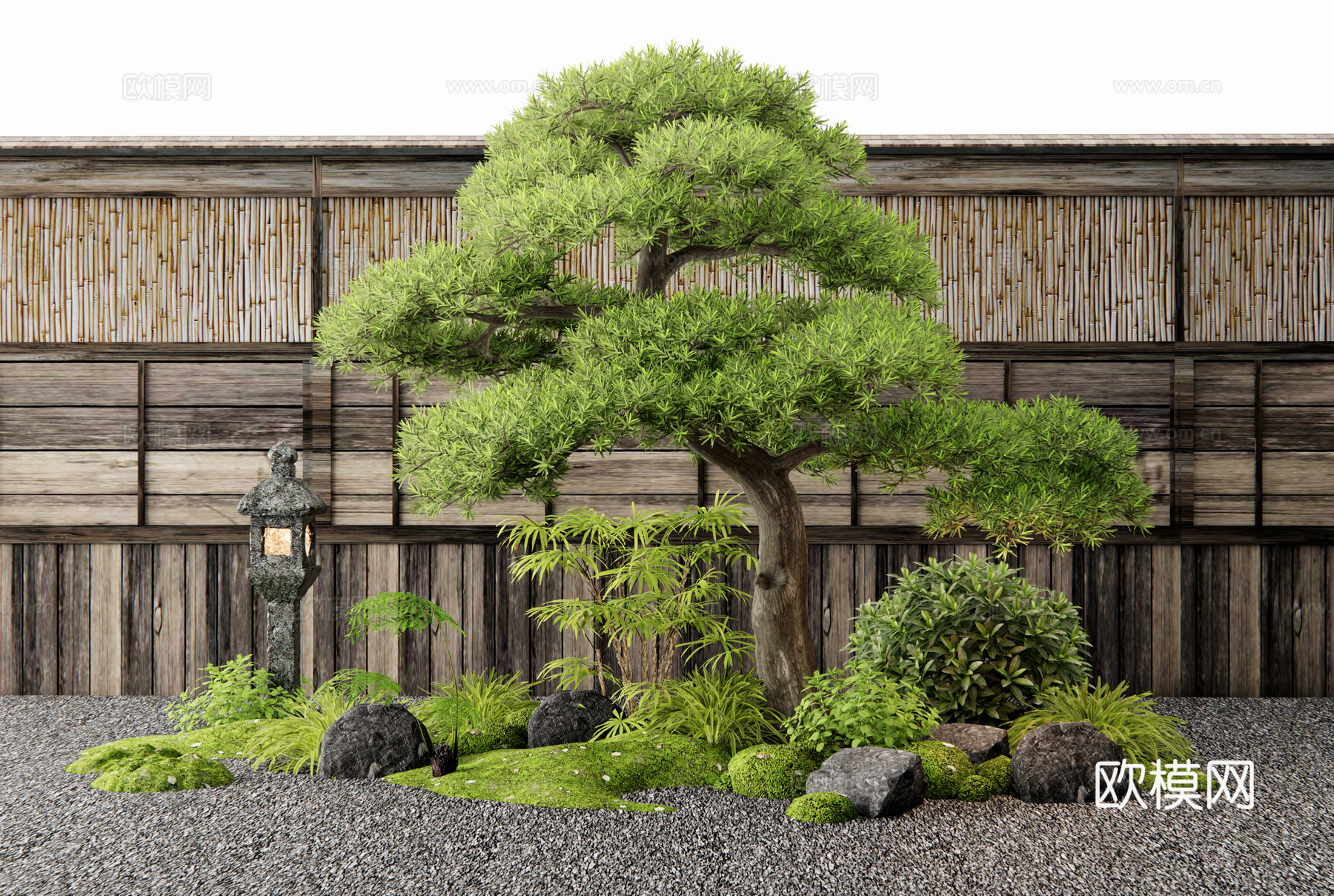 新中式植物组合 植物造景 庭院小品 罗汉松 松树 花草 苔藓su模型