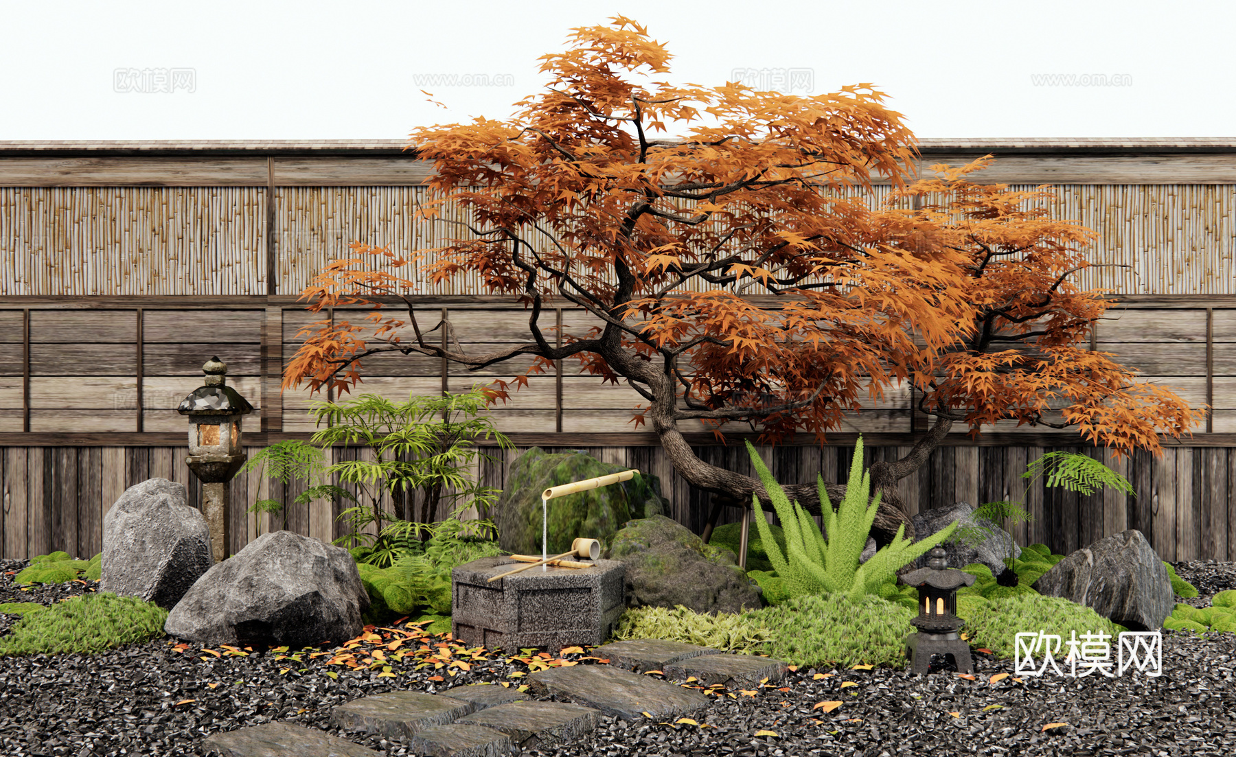 日式庭院小品 水钵 石头 汀步 红枫 植物造景 苔藓 微景观3d模型