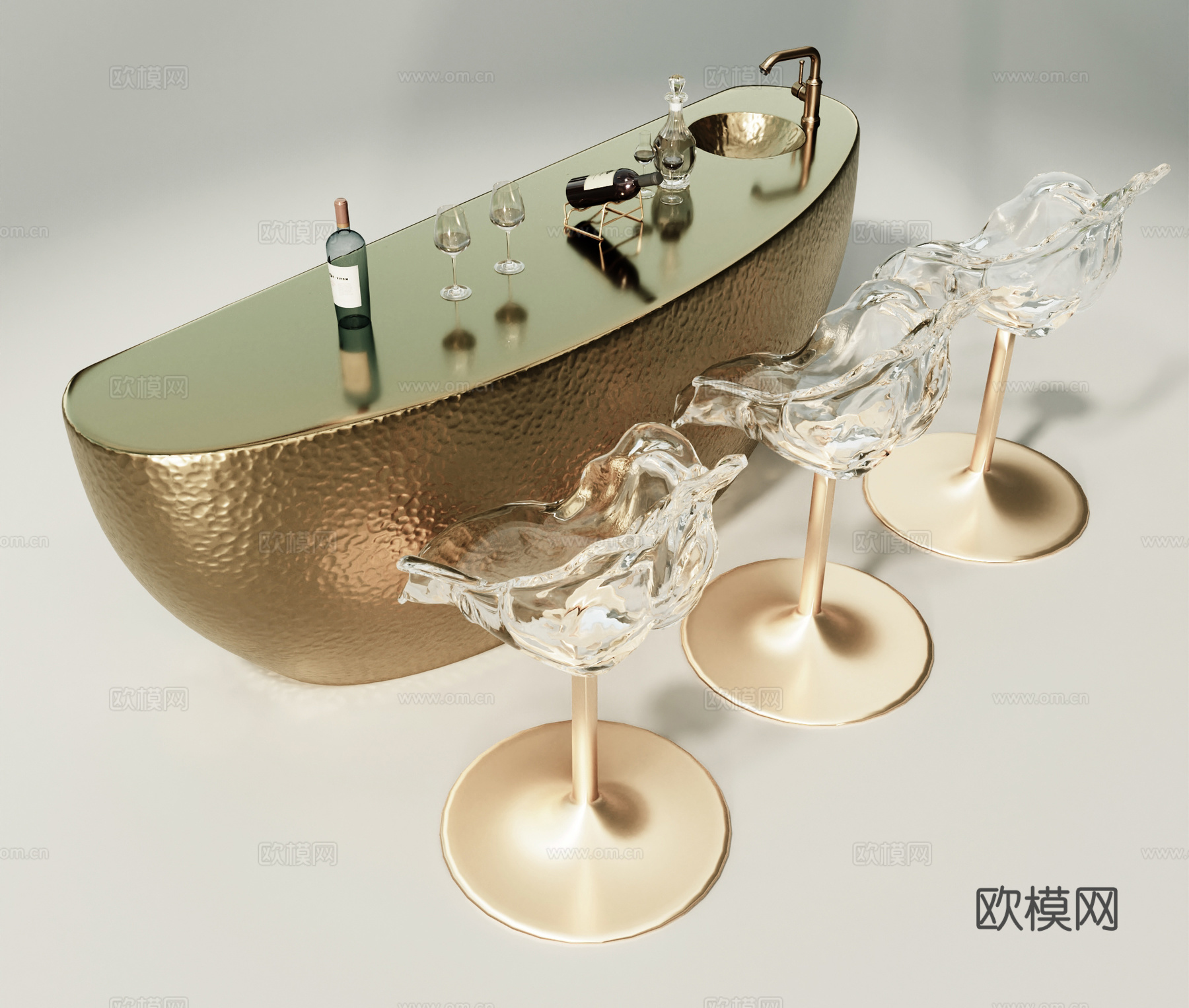 现代吧台 吧椅 吊灯 吧台酒柜 酒 酒杯3d模型