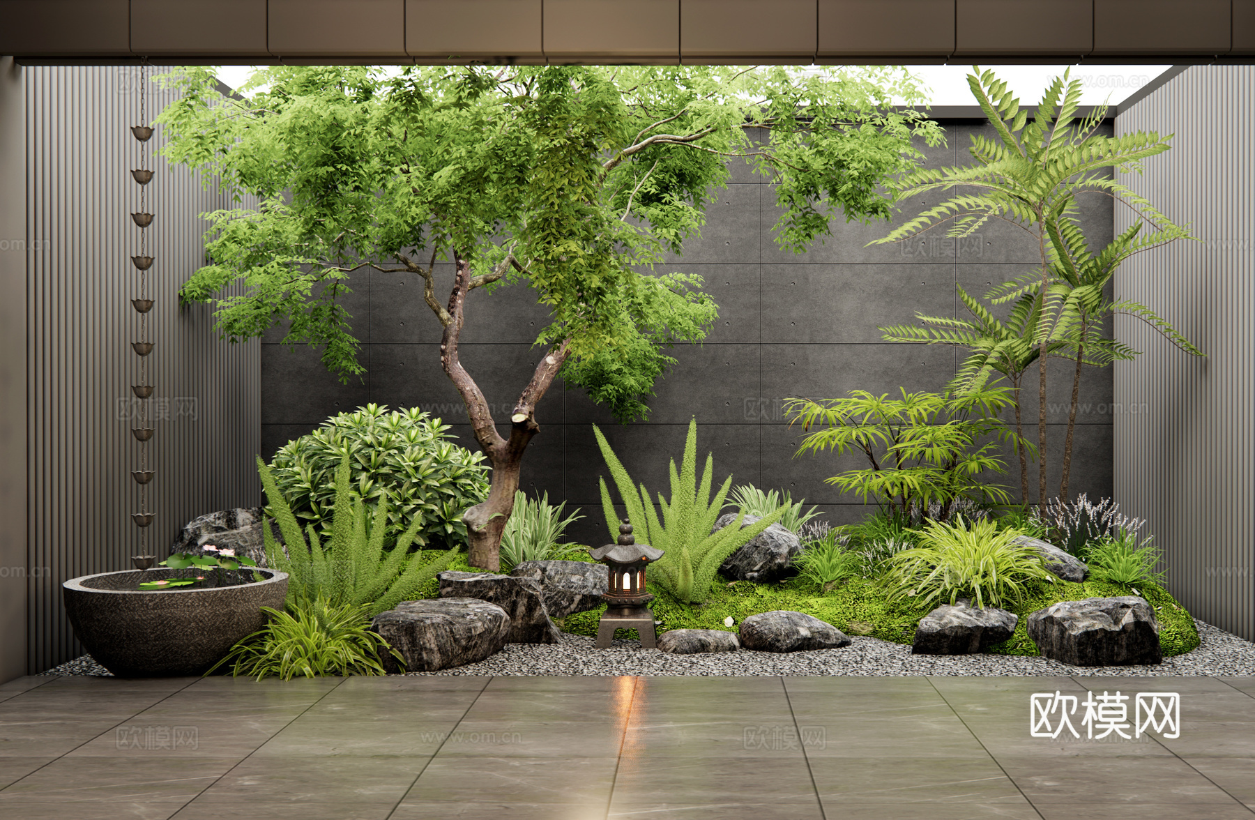现代室内景观造景 天井景观 庭院小品 景观石头 植物组合3d模型