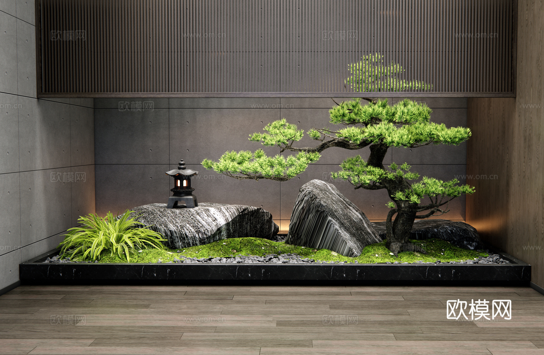 新中式室内景观造景 景观石头 天井室内景观 迎客松 庭院小品3d模型