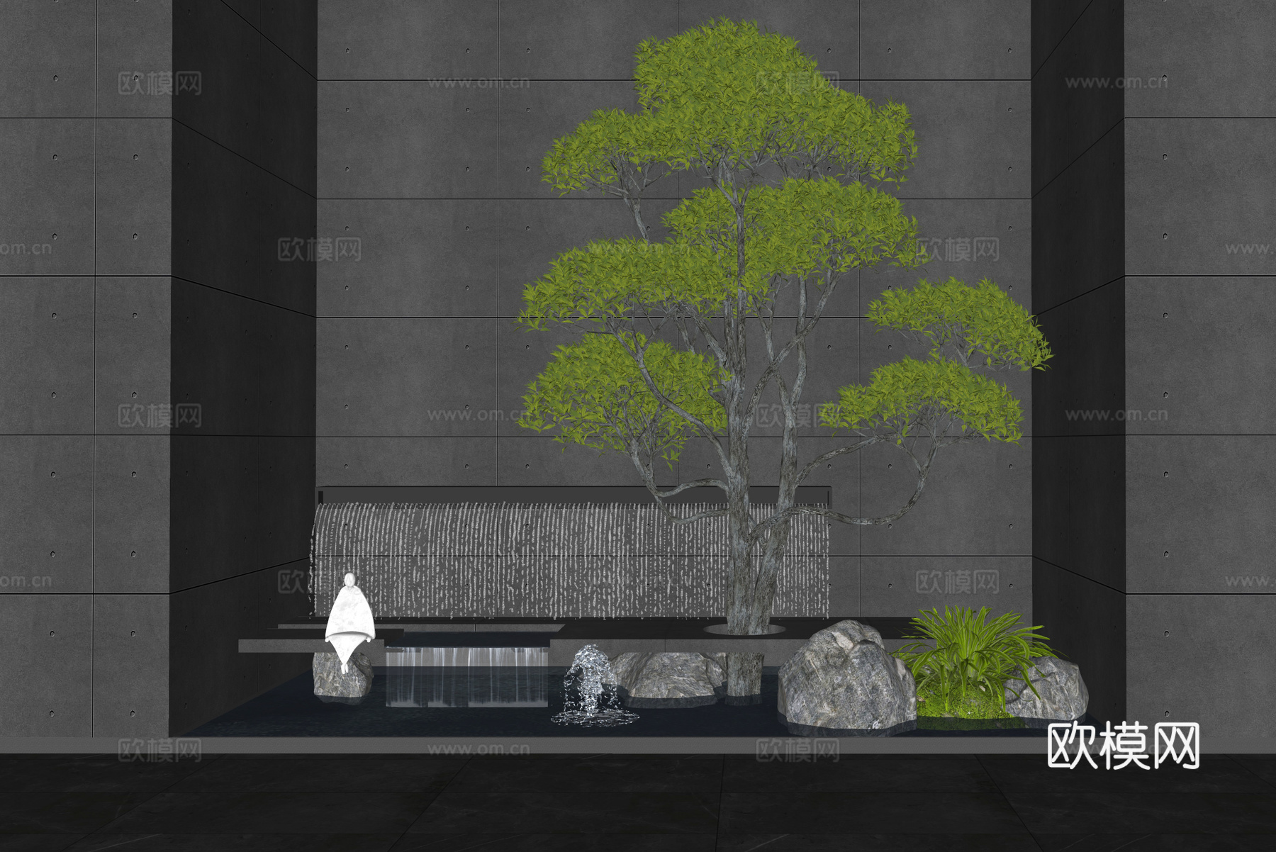 现代室内水景 跌水景观 室内植物造景 石头 景观树 乔木su模型