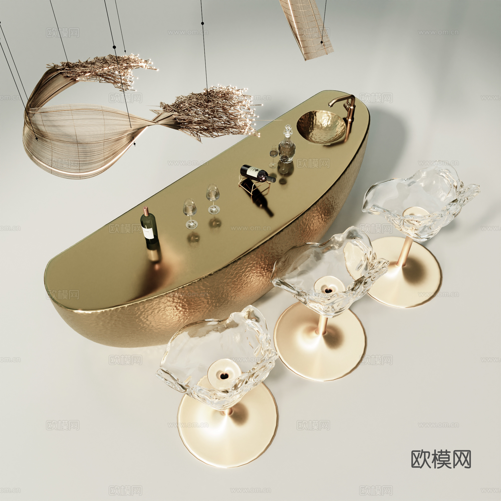 现代吧台 吧椅 吊灯 吧台酒柜 酒 酒杯3d模型