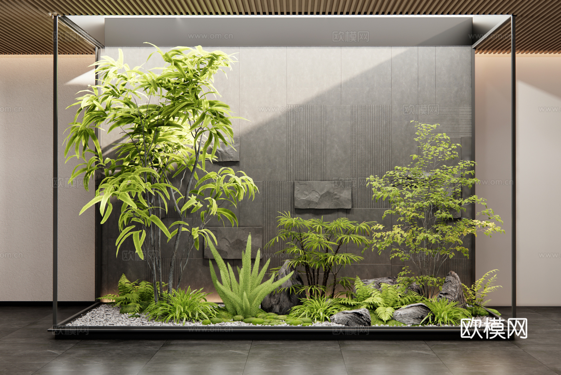 现代室内植物造景 植物组合 植物堆 庭院小品 石头 花草su模型