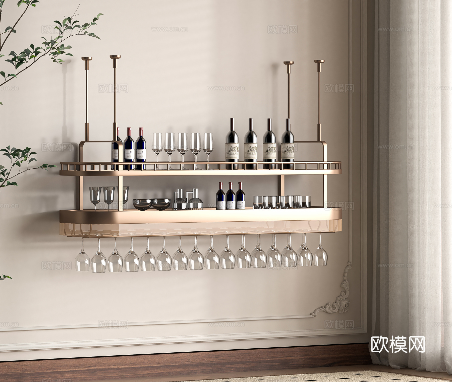 现代酒架 酒柜 红酒 装饰架 高脚杯 酒杯 摆件组合su模型