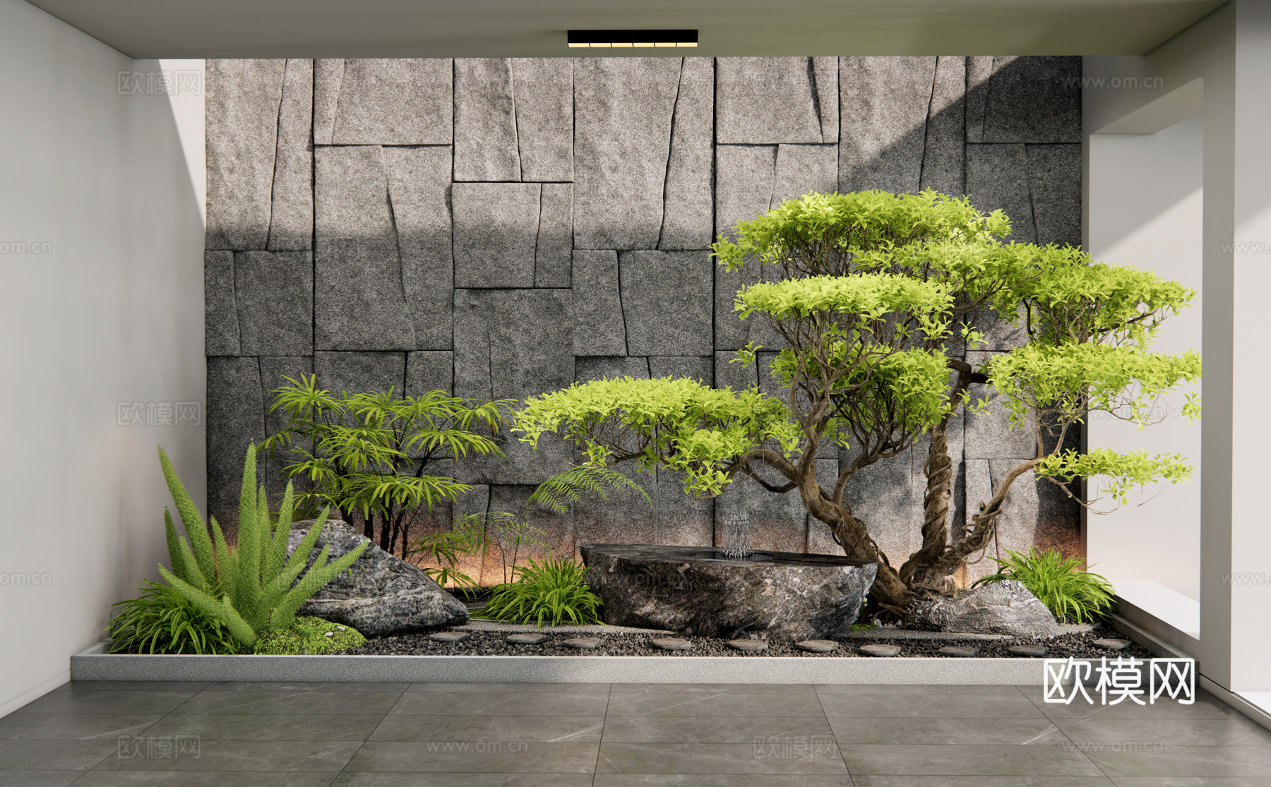 现代室内植物造景 庭院小品 天井景观 石头 植物组合 花草su模型