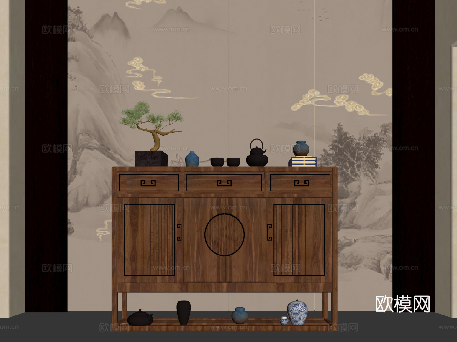 新中式玄关 端景柜 玄关柜su模型