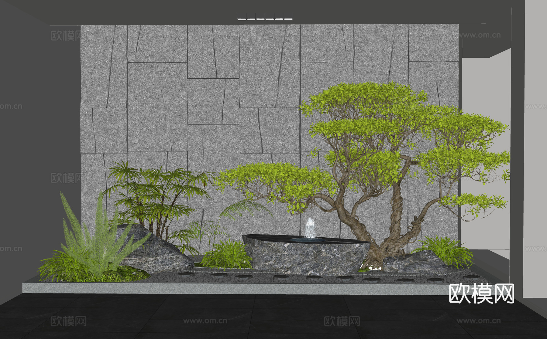 现代室内植物造景 庭院小品 天井景观 石头 植物组合 花草su模型
