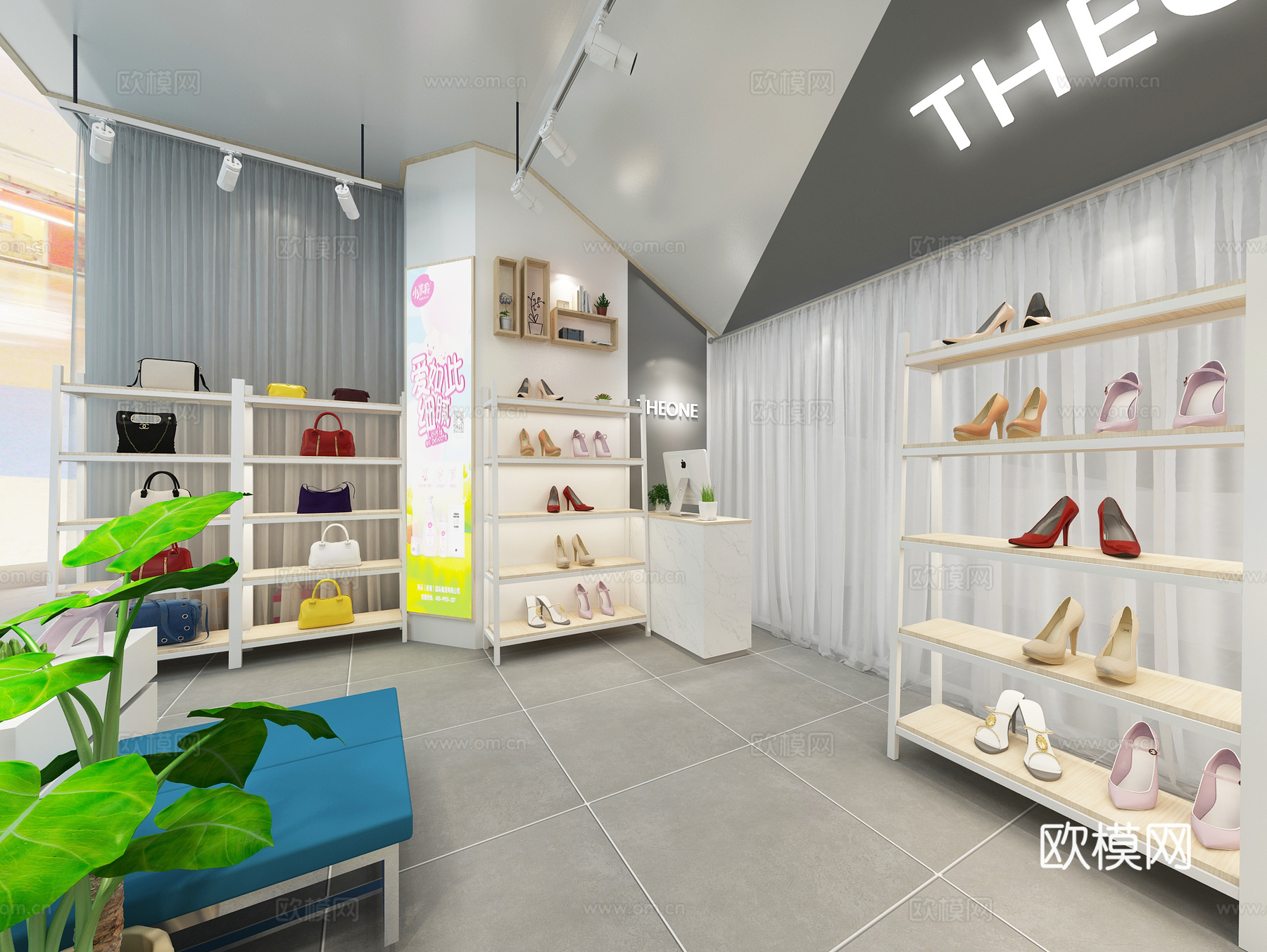 现代女鞋店鞋子包包鞋架展示柜前台镜子窗帘墙饰门头3d模型