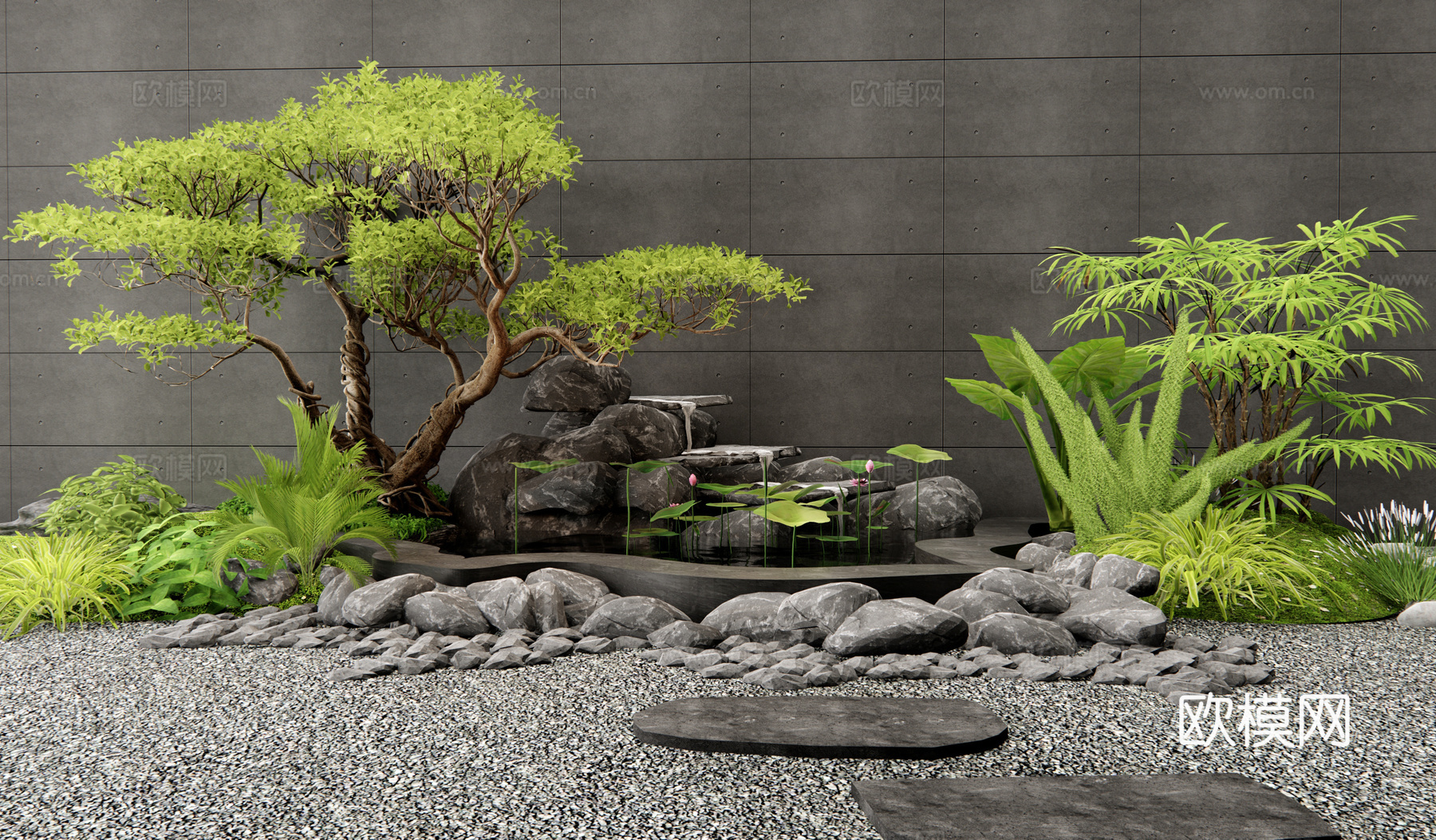 现代假山水景 叠水景观 石头 植物组合 植物堆 庭院小品su模型