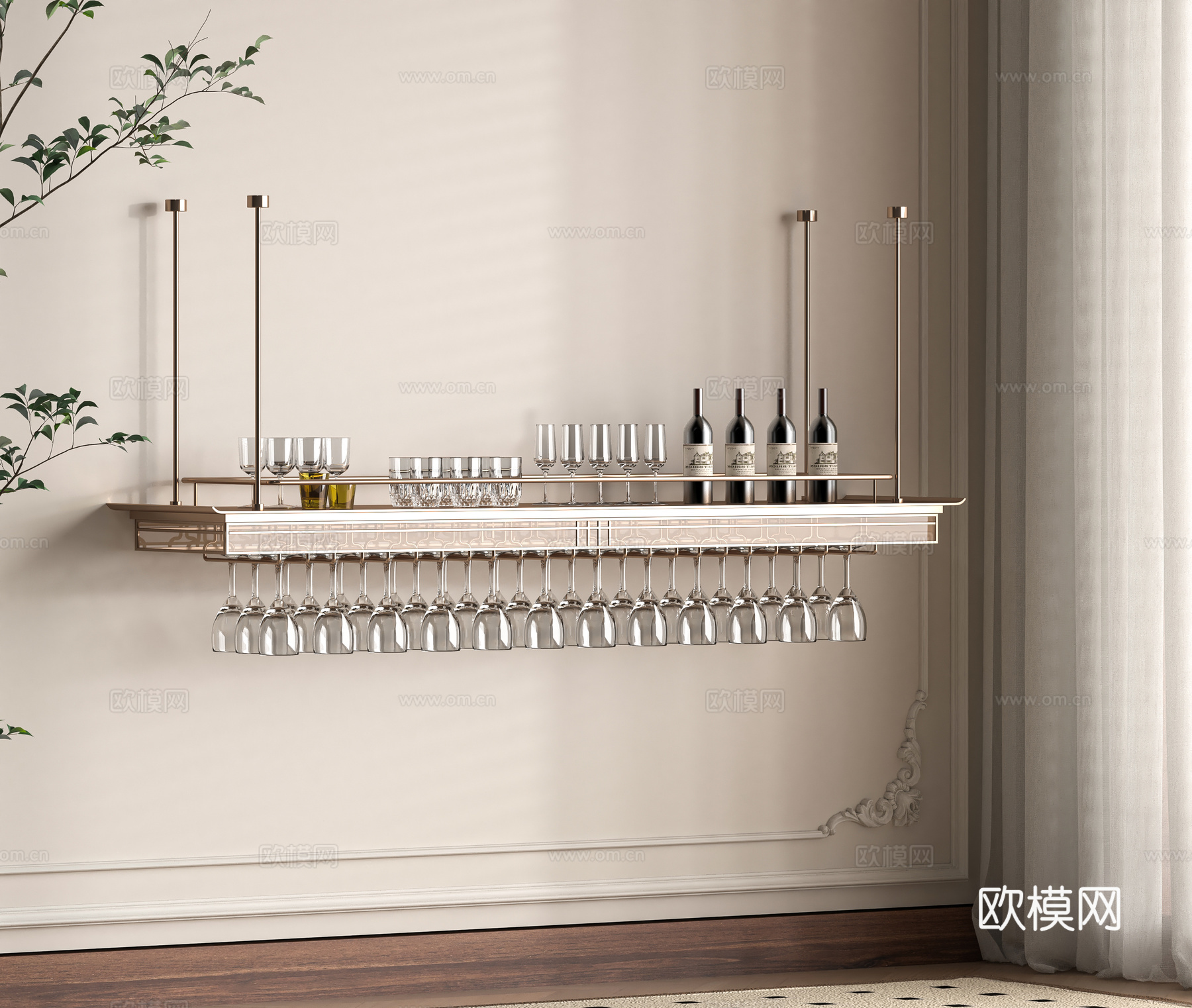 现代酒架 酒柜 红酒 装饰架 高脚杯 酒杯 摆件组合su模型