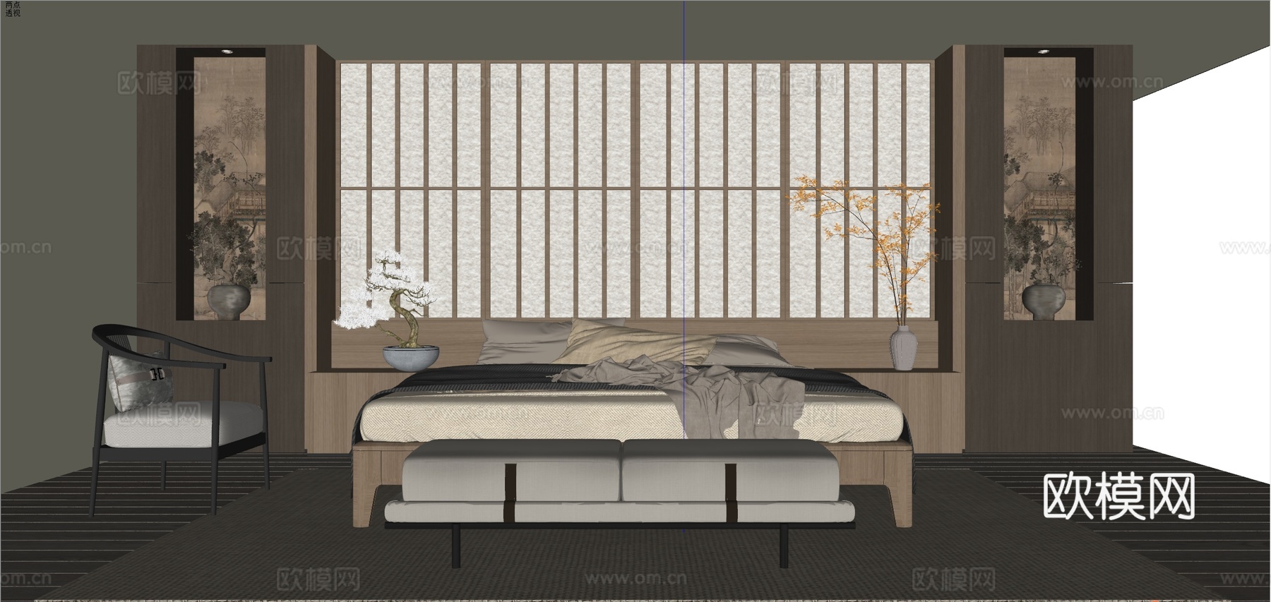 新中式卧室su模型下载（渲染图2）