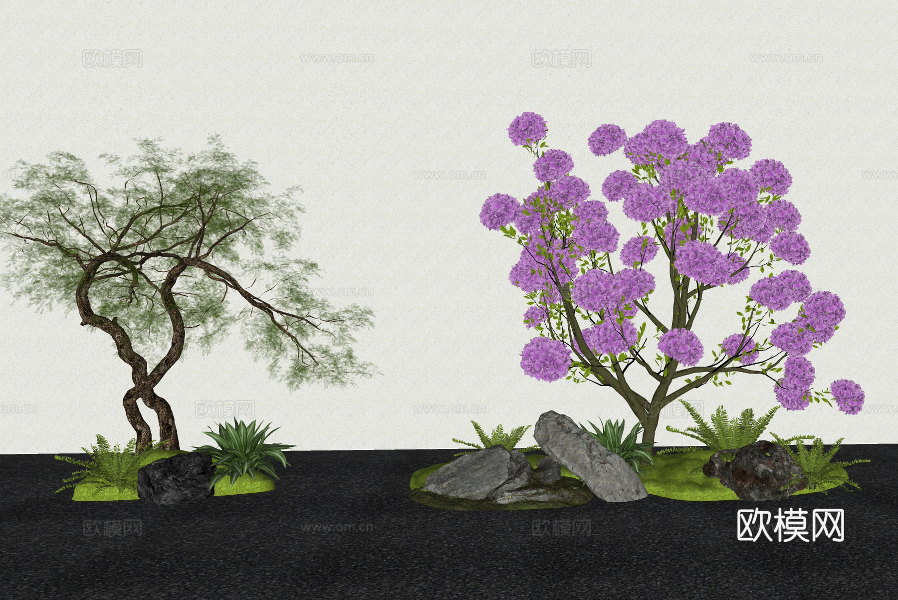 乔木造型树 景观树 紫花风铃木  庭院小品 景观石头su模型