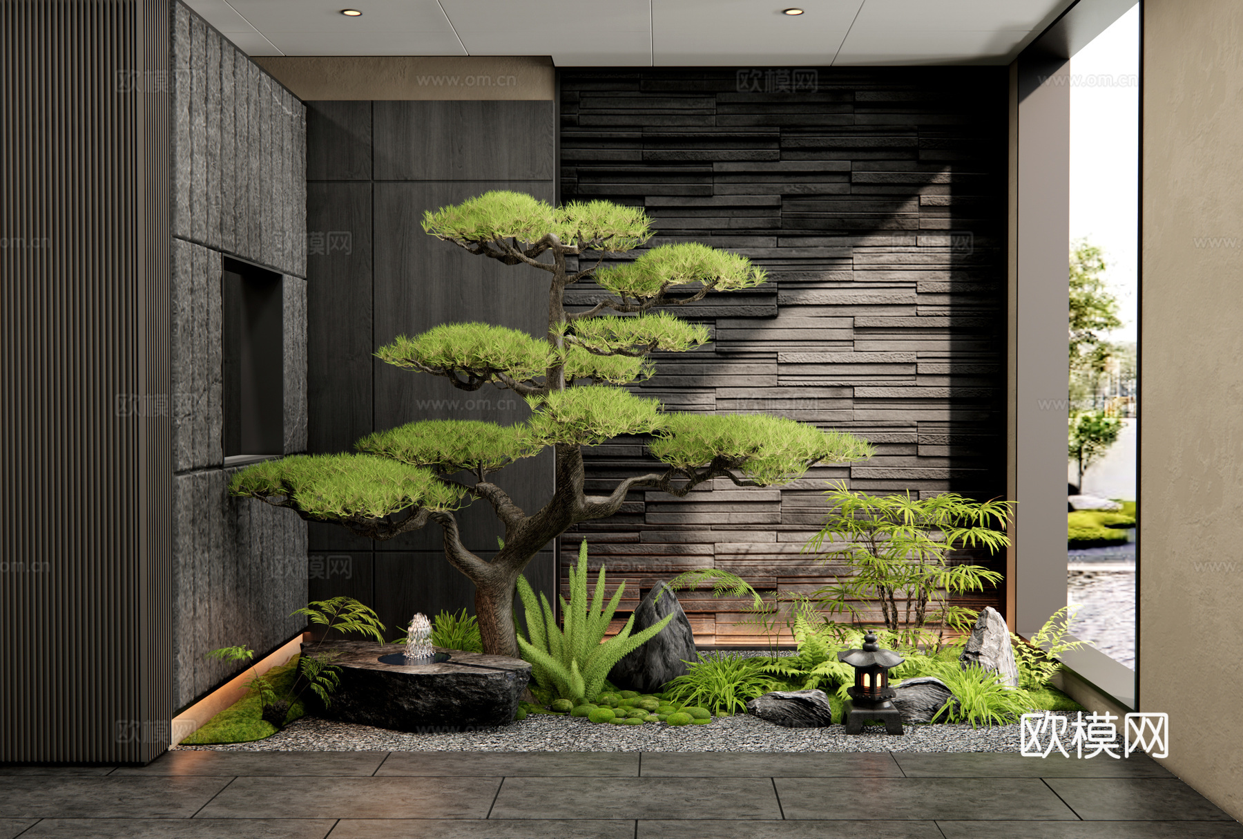新中式室内景观 植物造景 庭院小品 植物组合 水钵 花草su模型