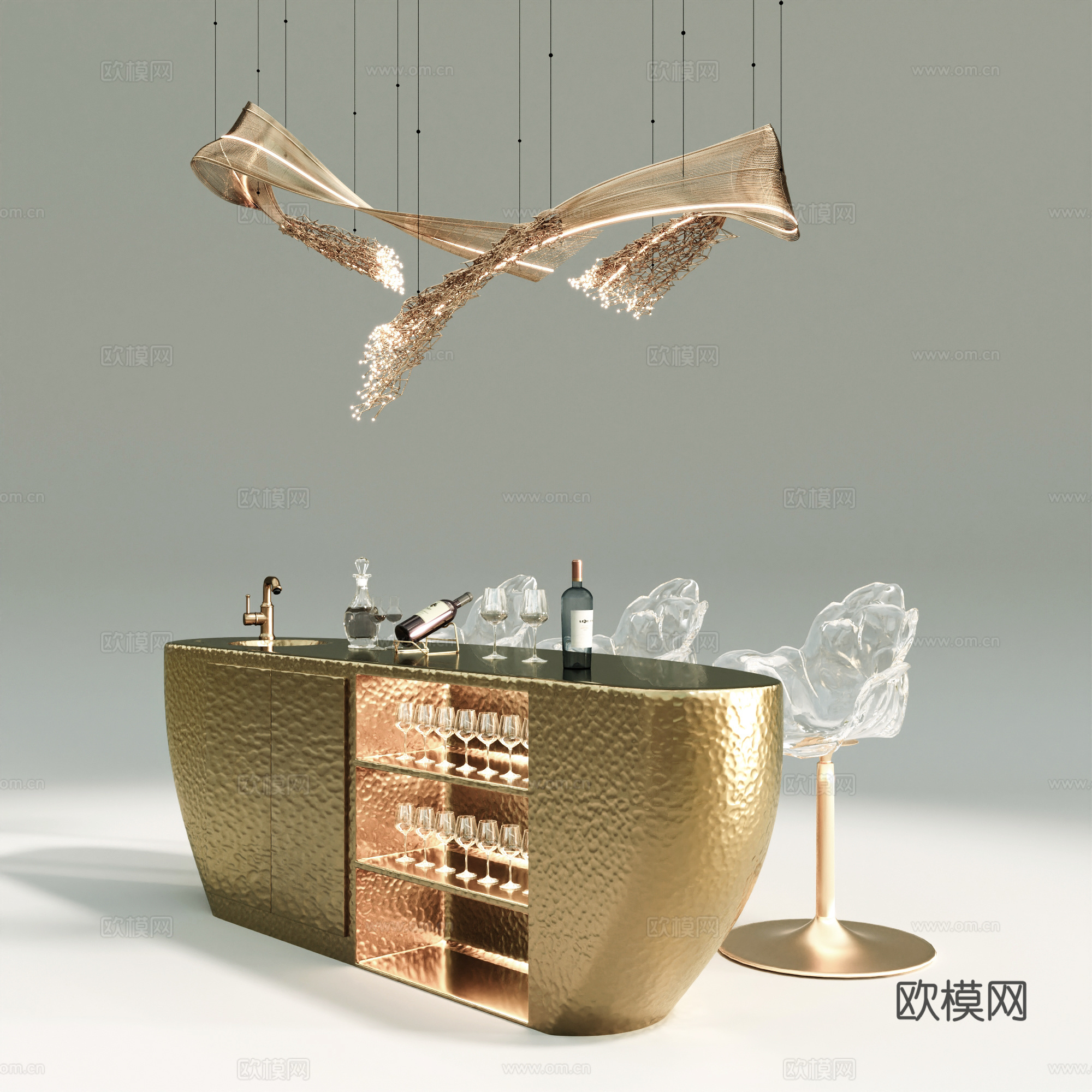 现代吧台 吧椅 吊灯 吧台酒柜 酒 酒杯3d模型