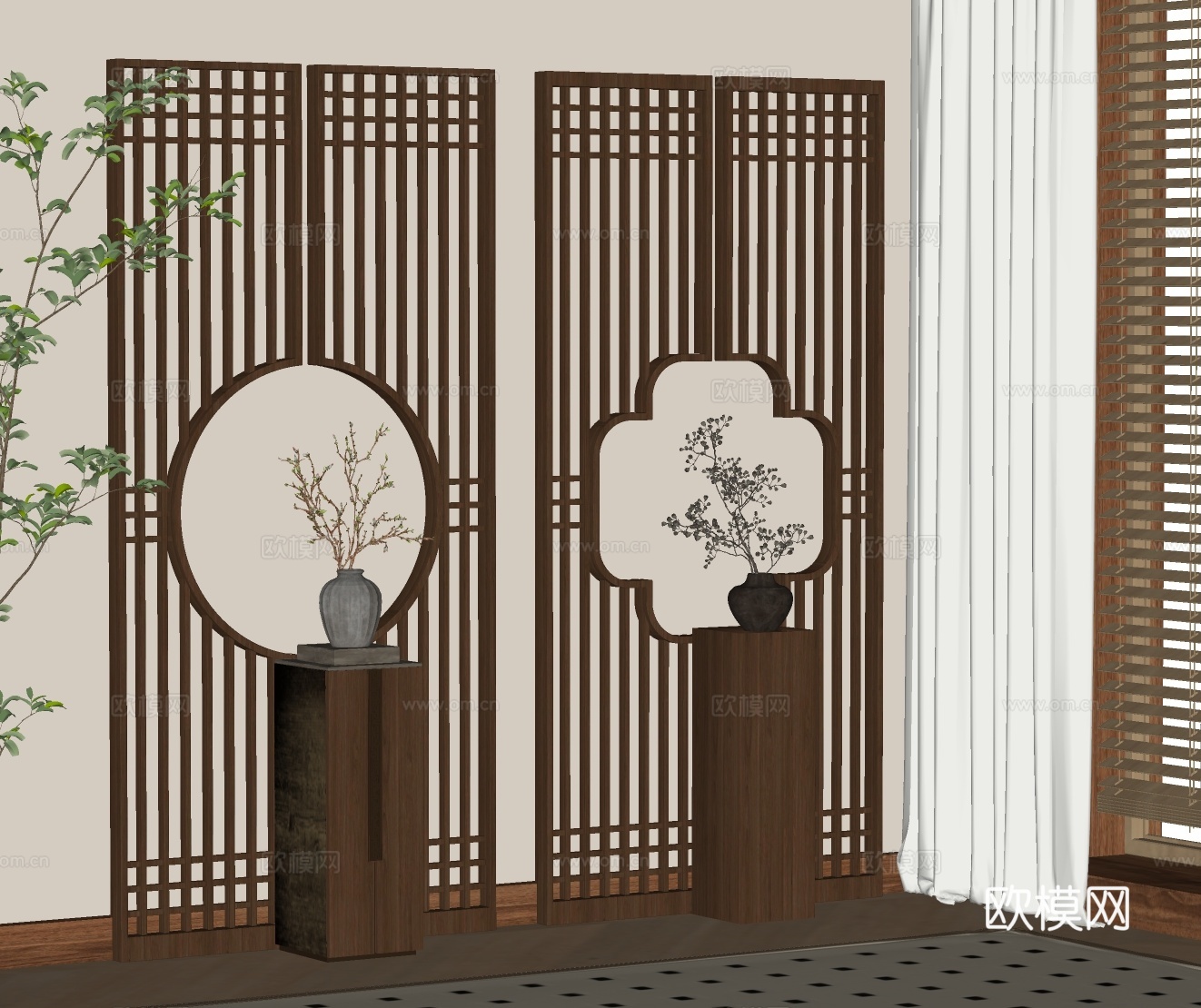 新中式屏风 花格 隔断 玄关su模型