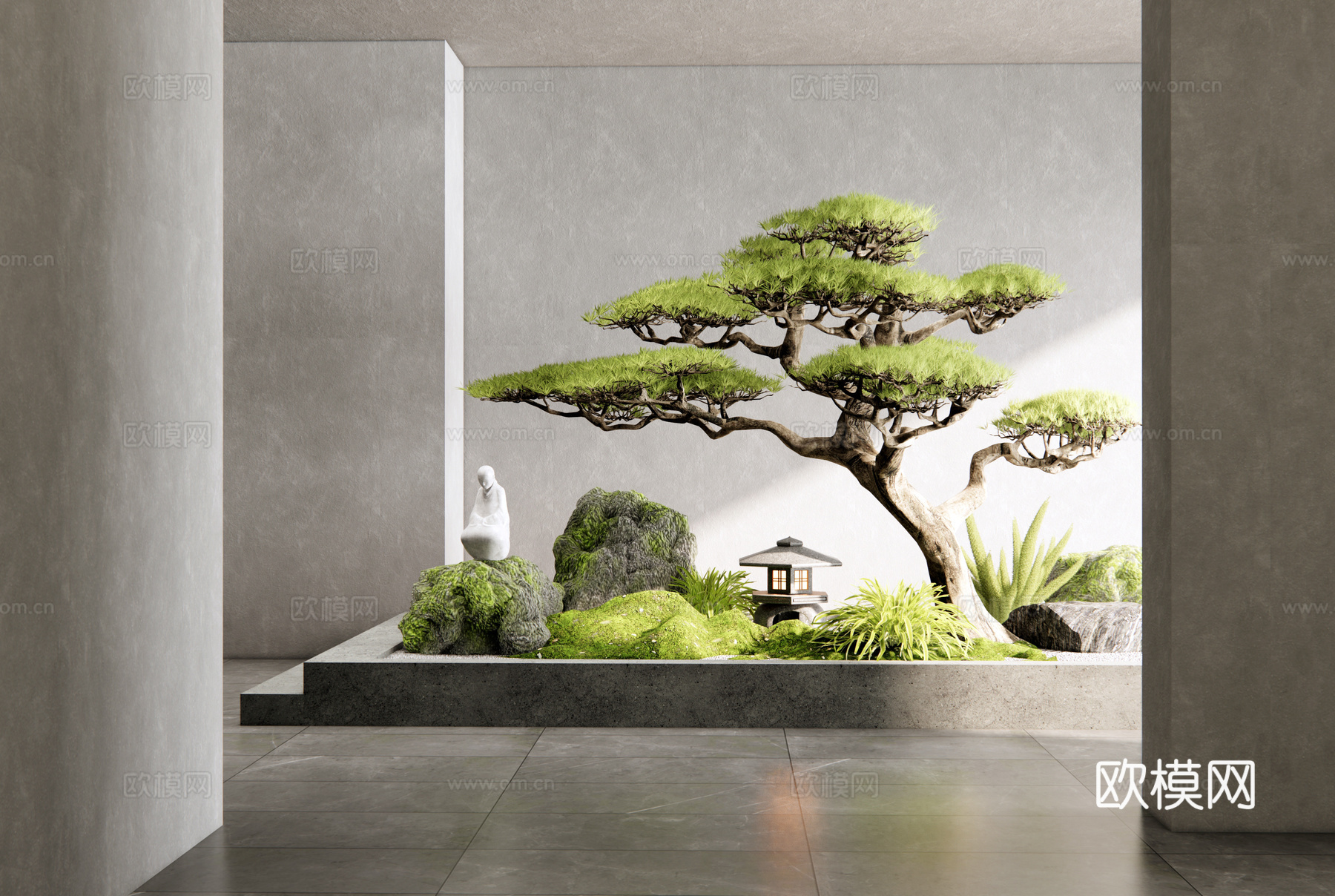 新中式室内景观造景 庭院小品 苔藓石头 迎客松 植物造景3d模型