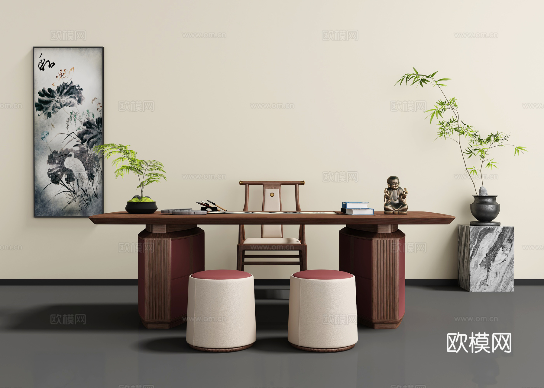新中式书桌椅3d模型