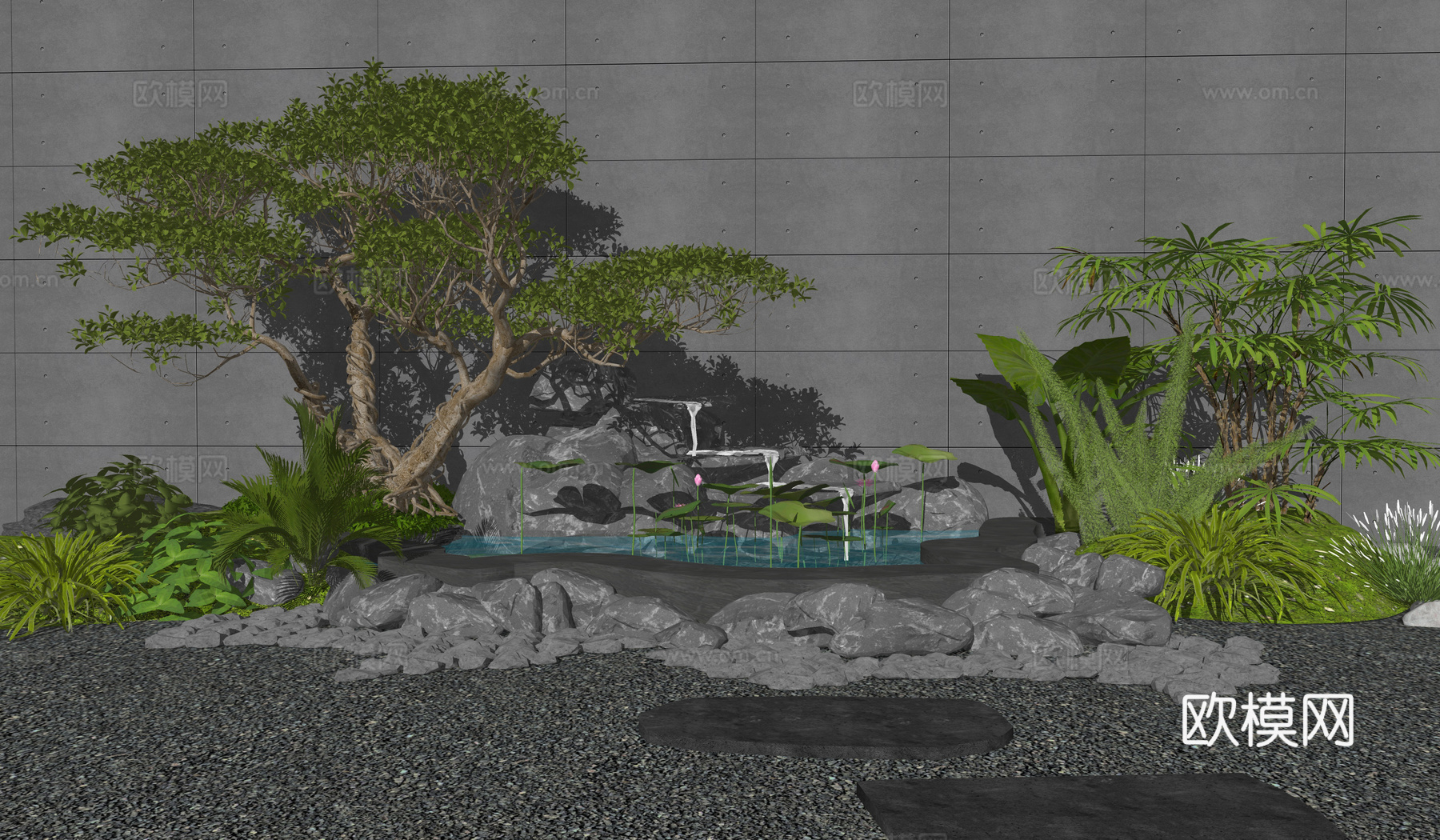 现代假山水景 叠水景观 石头 植物组合 植物堆 庭院小品su模型