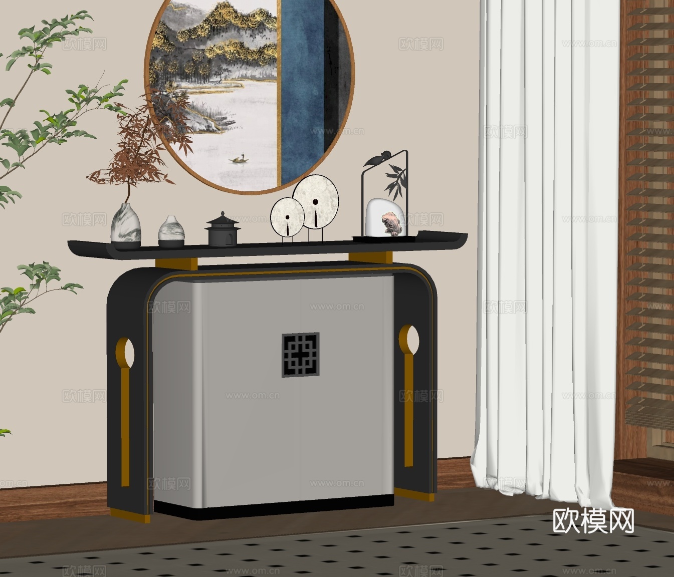 新中式条案 端景台 玄关台su模型