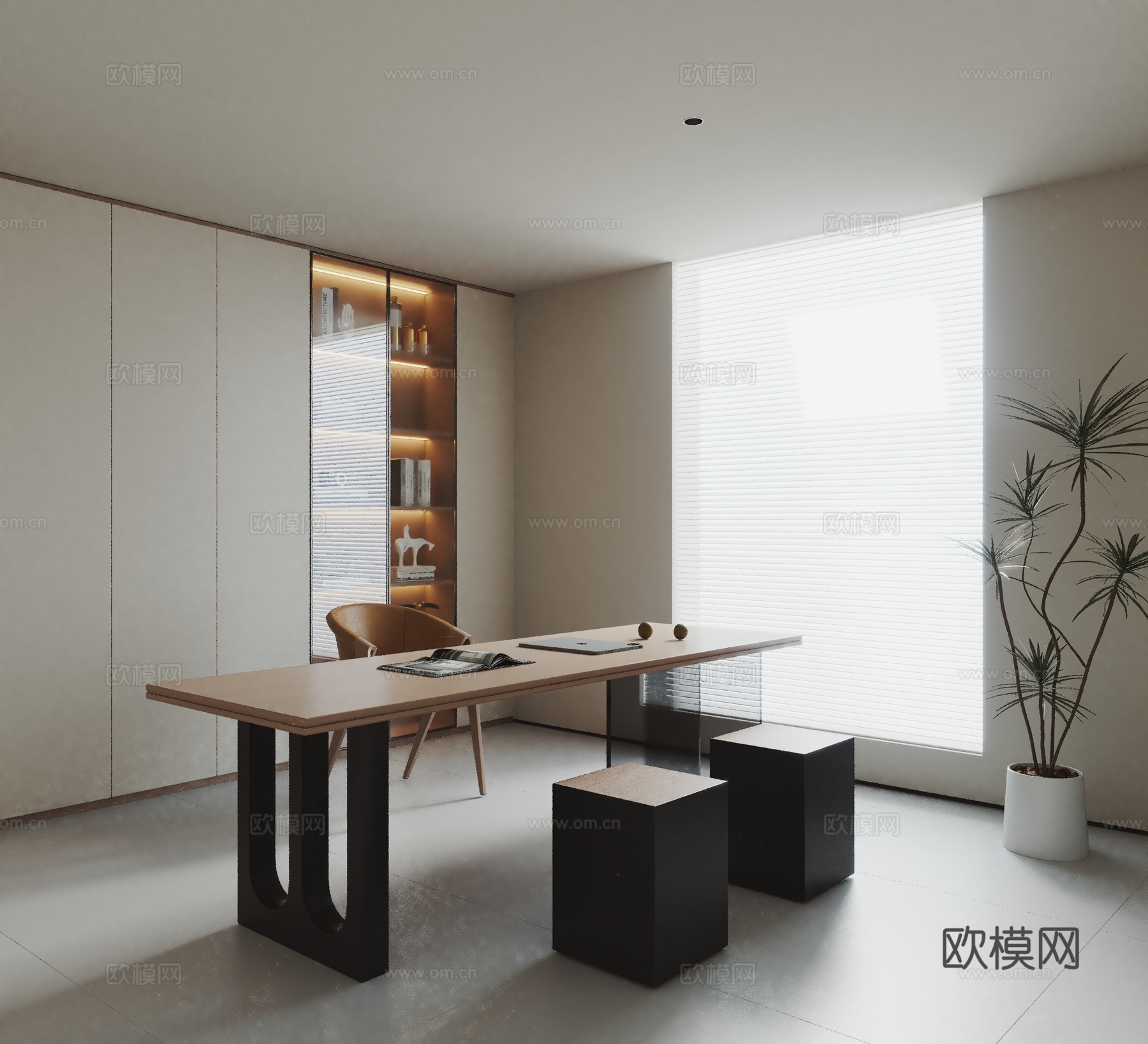 现代极简简约书房书桌书柜椅子3d模型