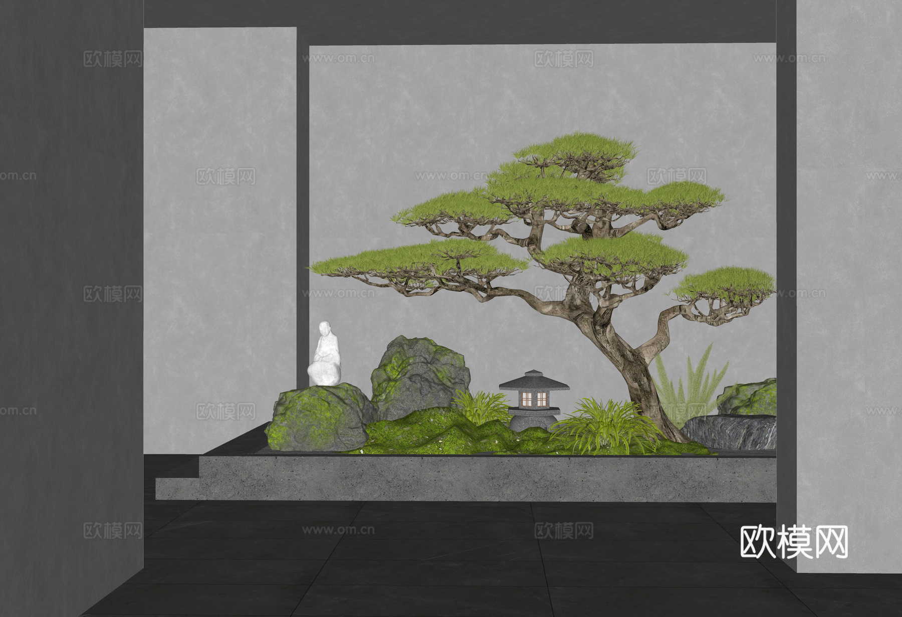 新中式室内景观造景 庭院小品 苔藓石头 迎客松 植物造景su模型