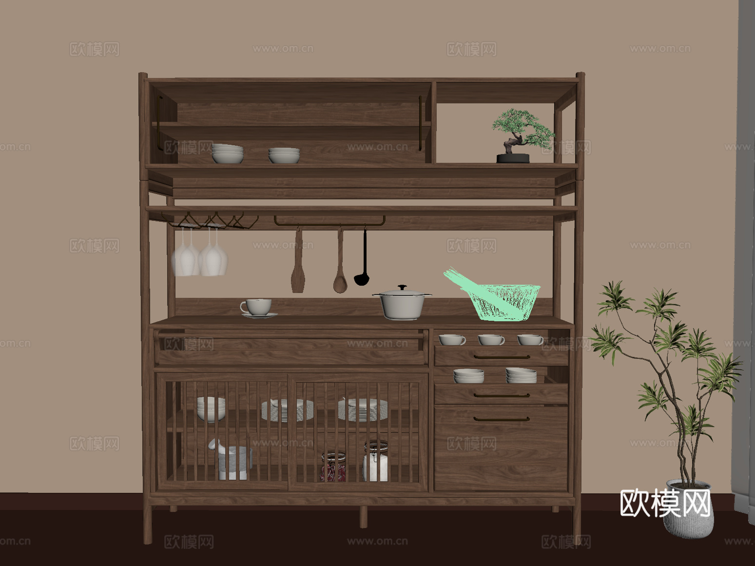新中式茶水柜 绿植 摆件su模型