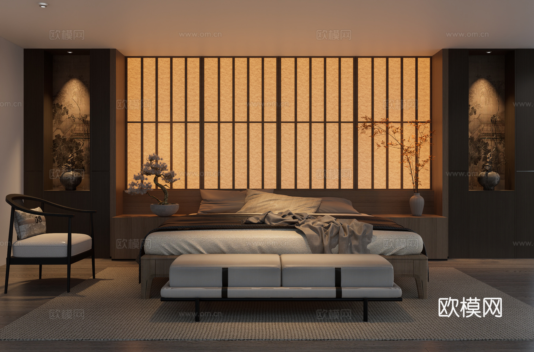 新中式卧室su模型下载（渲染图1）