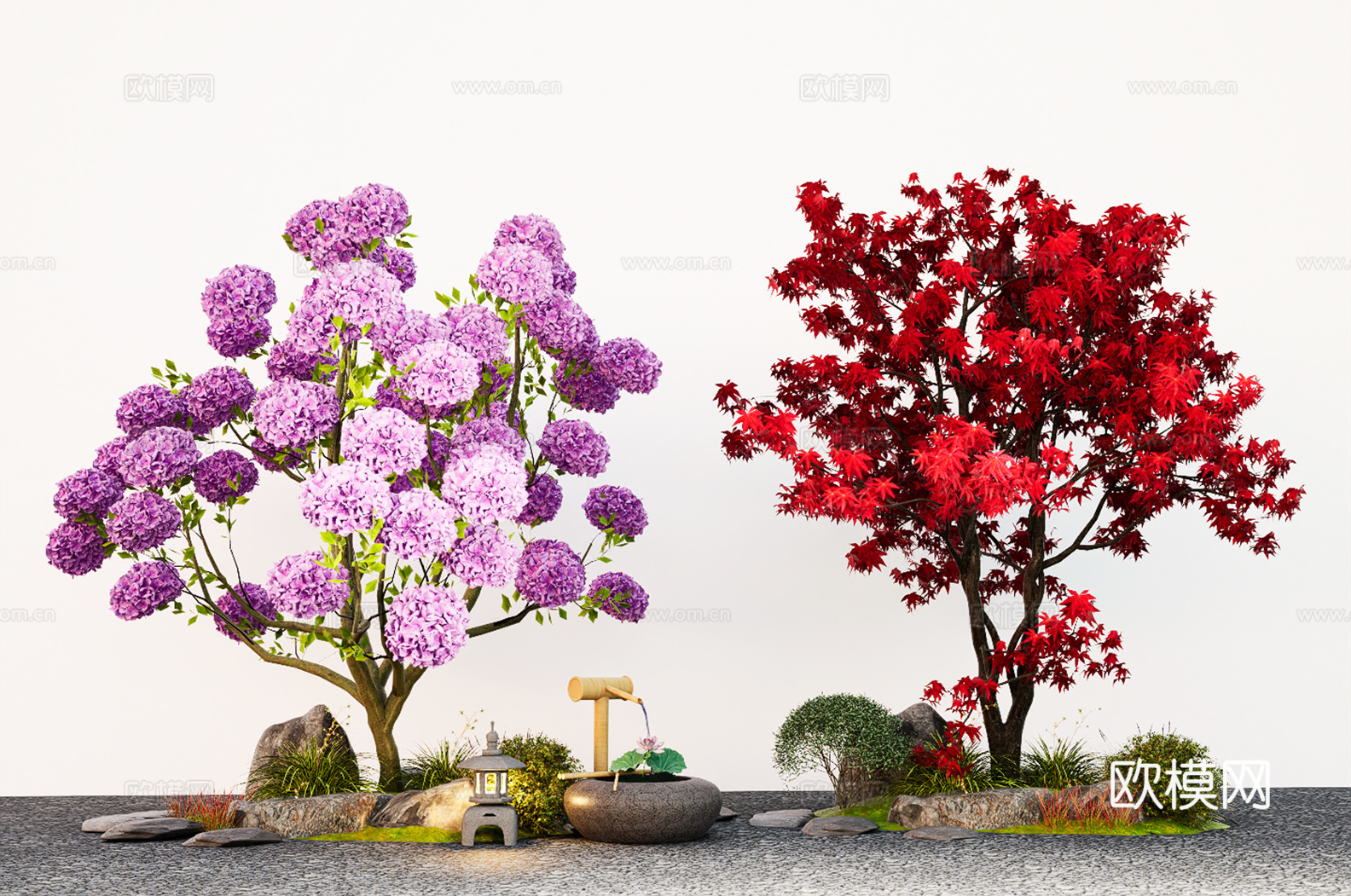 景观乔木 紫花风铃木 绣球花  枫树 植物组合su模型