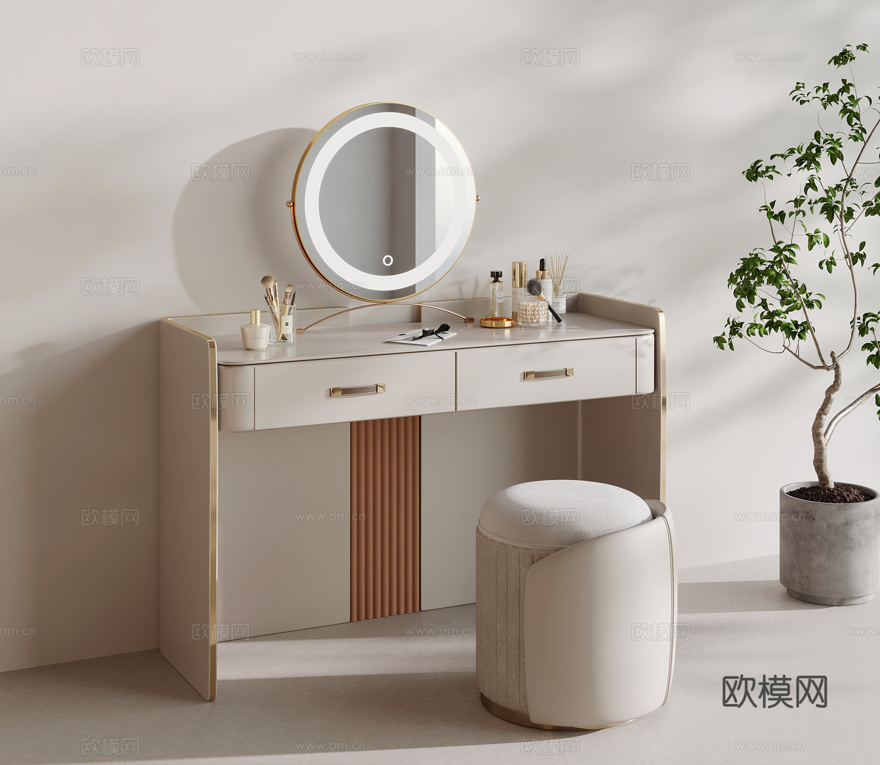 梳妆台 现代梳妆台 梳妆凳 化妆镜 化妆品3d模型