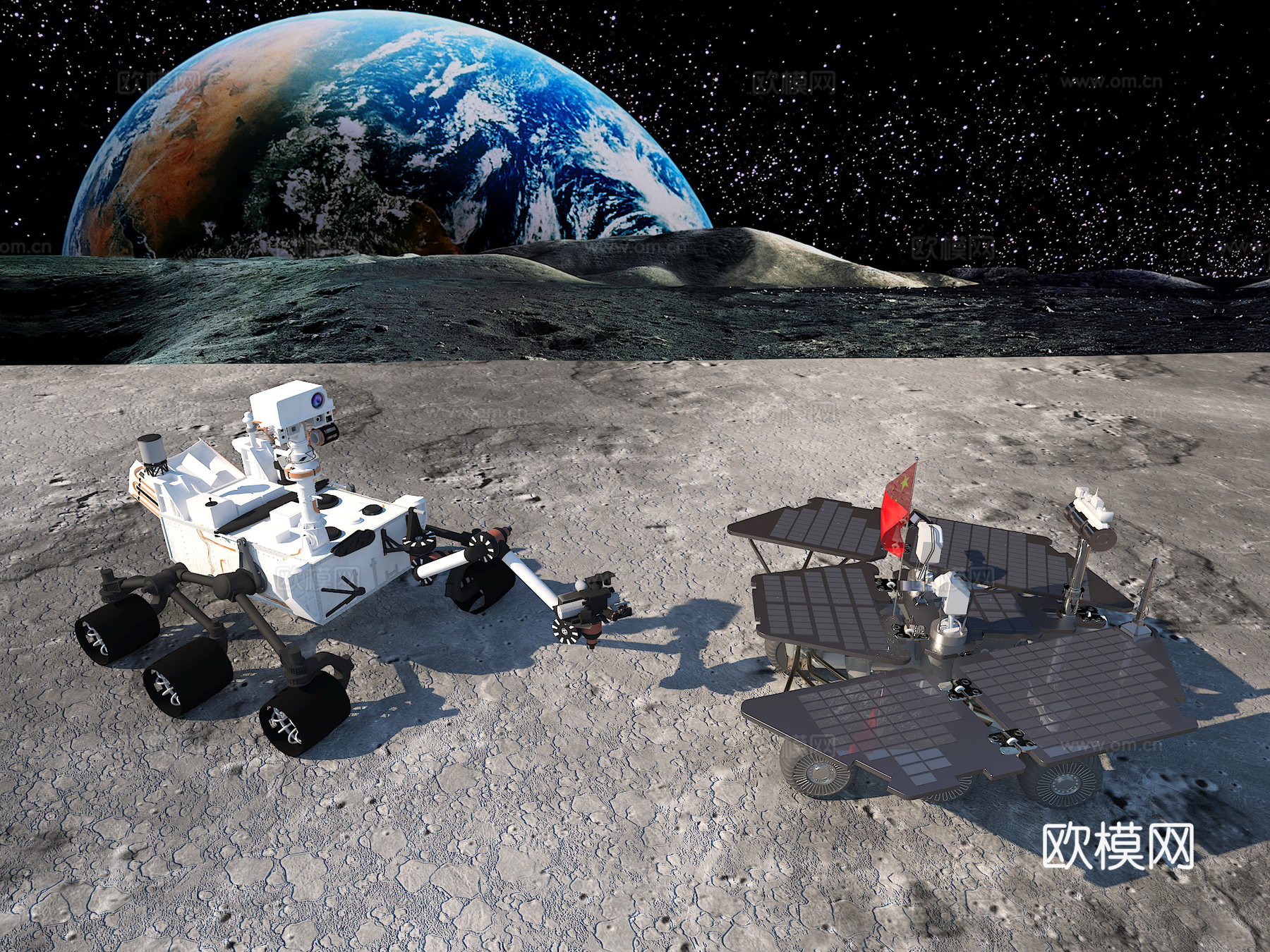 月球探测仪 宇宙星空星球 科幻场景 探勘车探测车 太阳能月球3d模型
