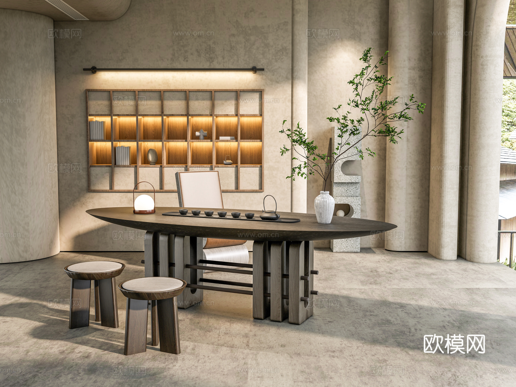 茶台茶桌椅 茶室 茶馆 包间 茶柜 展示柜 茶具 吊灯免费3d模型