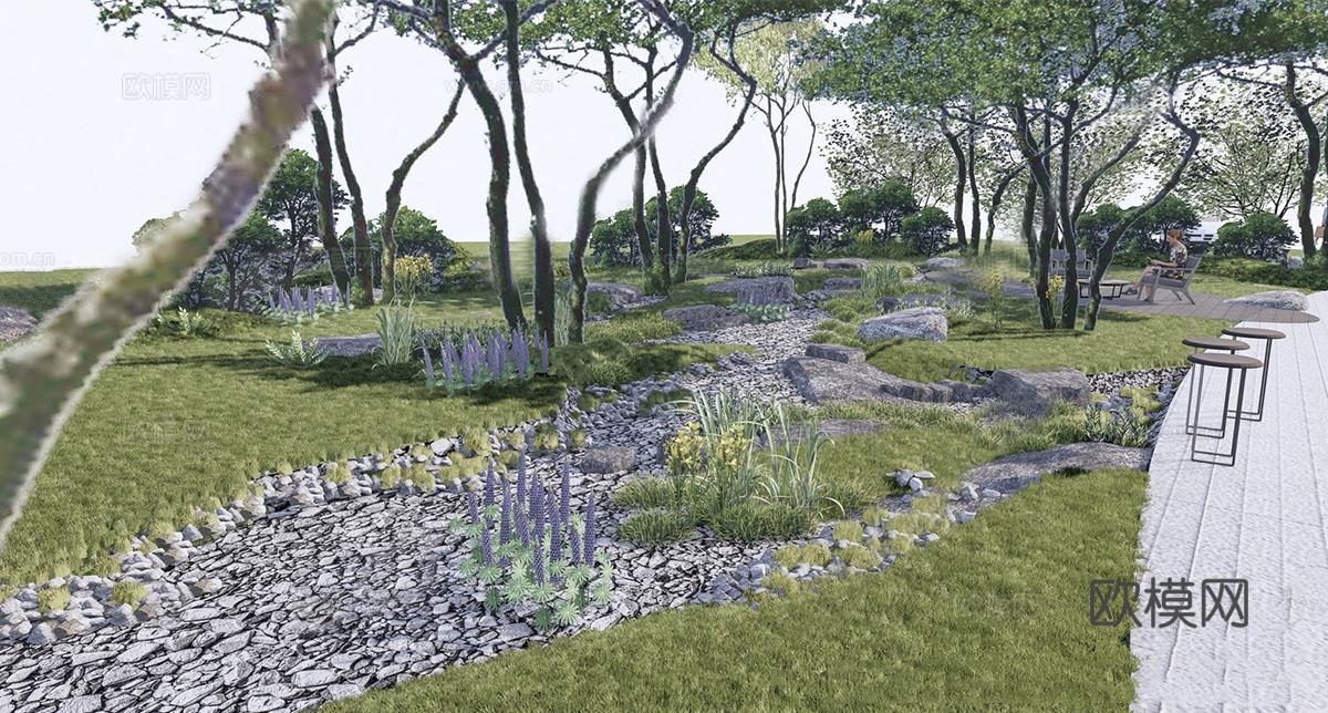 现代雨水花园 下沉绿地 植物花境 景观公园su模型