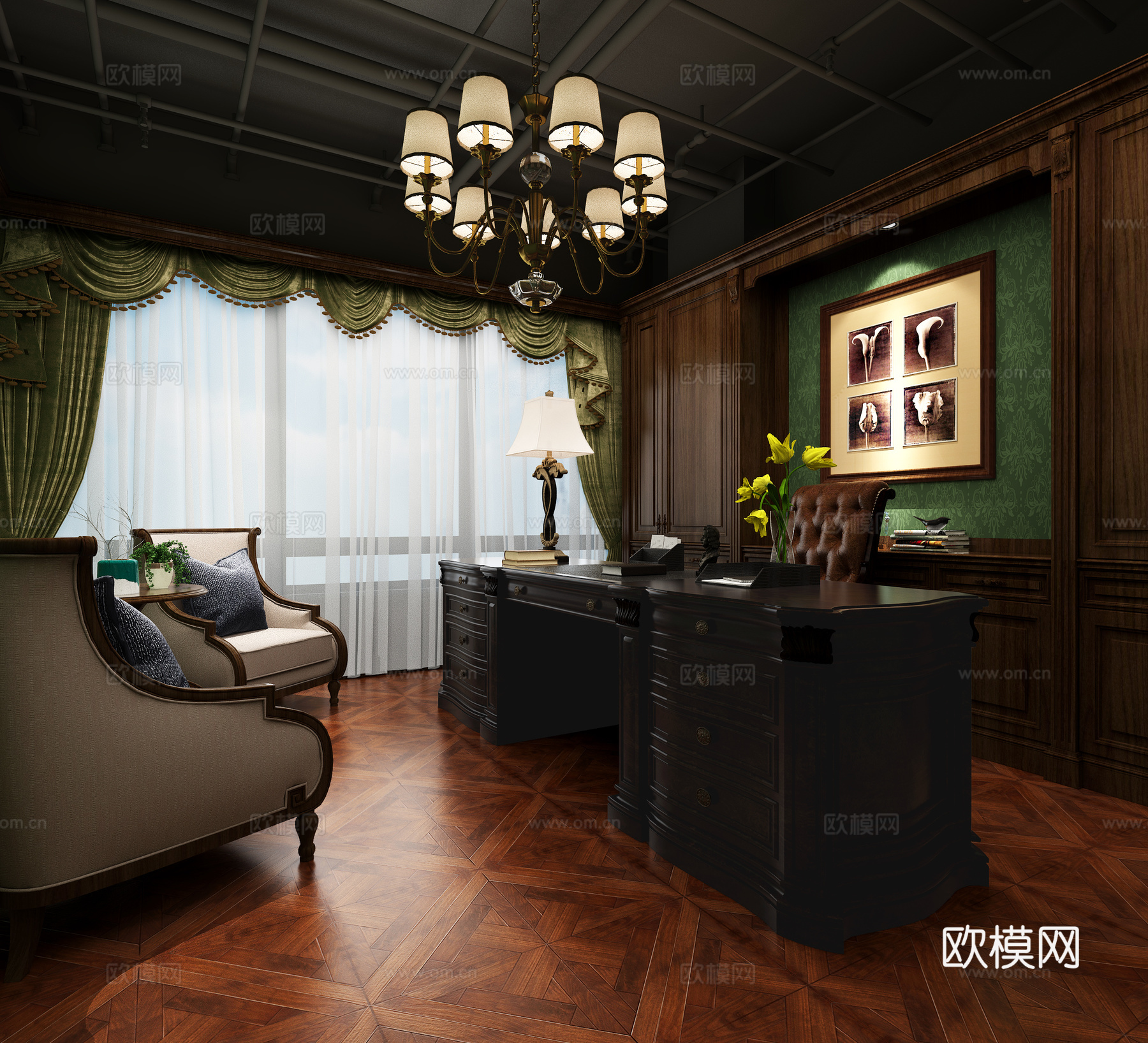 美式领导办公室 书柜 沙发 办公桌 吊灯 台灯3d模型