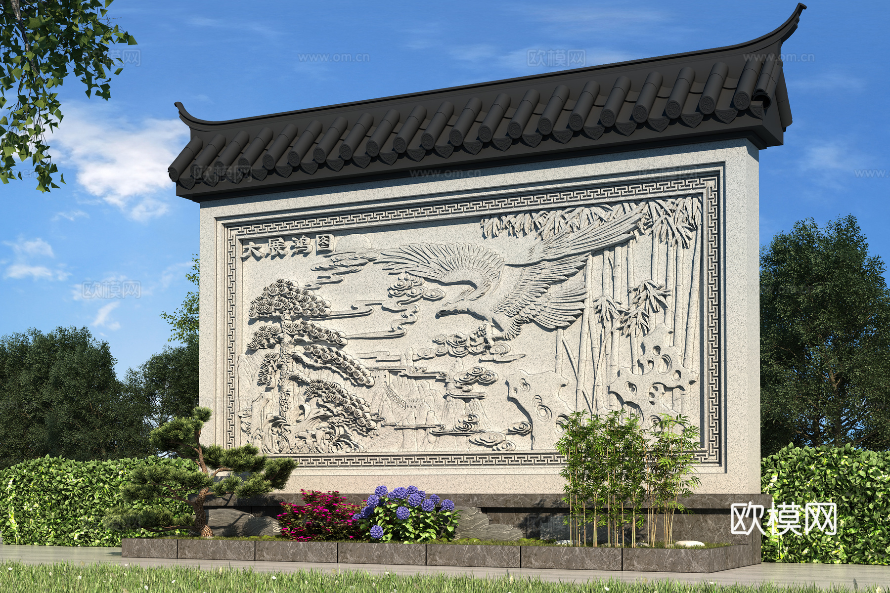 中式影壁墙 照壁 背景墙su模型