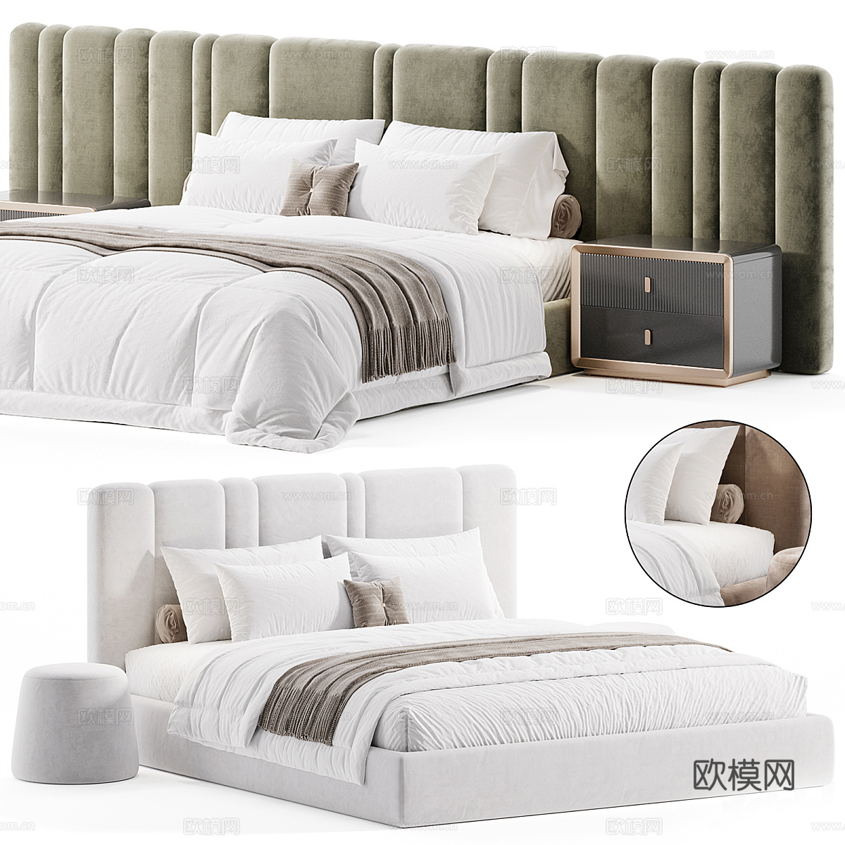 现代轻奢奶油风布艺双人床3d模型下载（渲染图1）