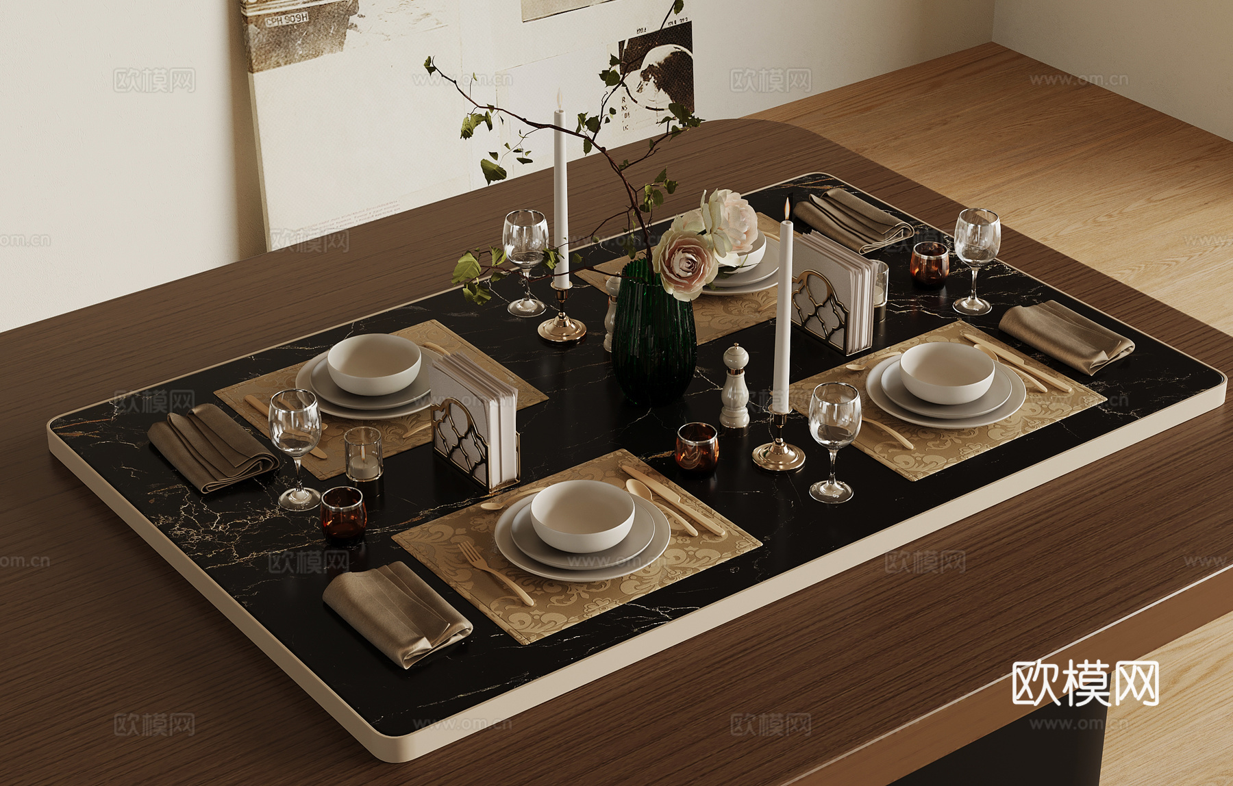 现代托盘 餐具 碗碟su模型
