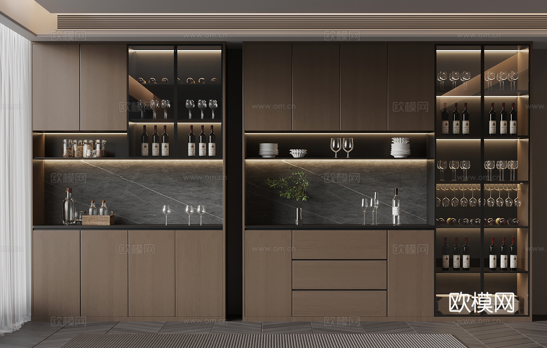 意式极简酒柜 红酒 酒杯3d模型