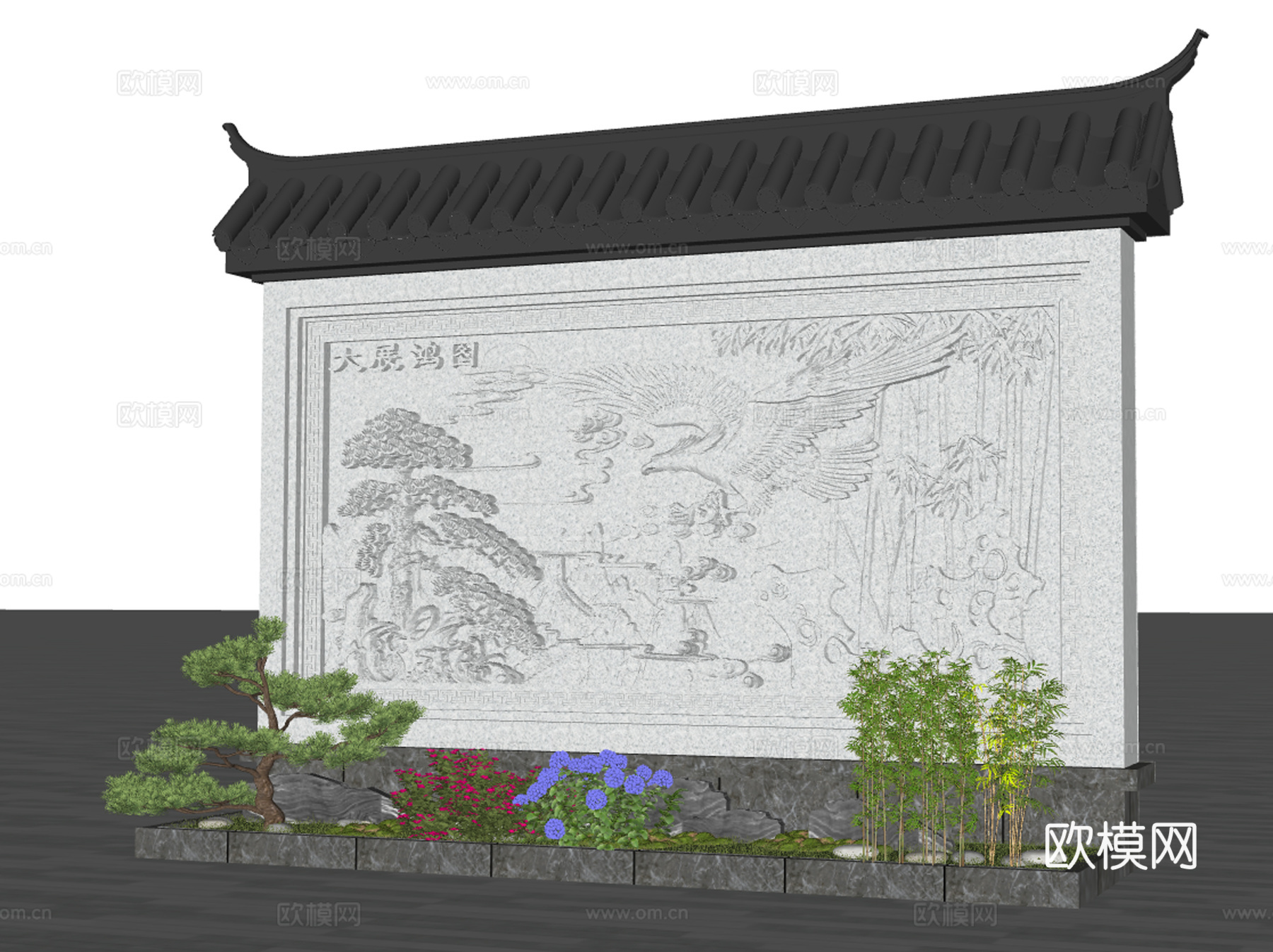 中式影壁墙 照壁 背景墙su模型
