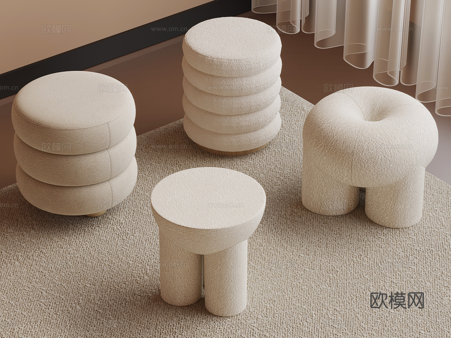 现代奶油风沙发凳 矮凳 圆凳3d模型