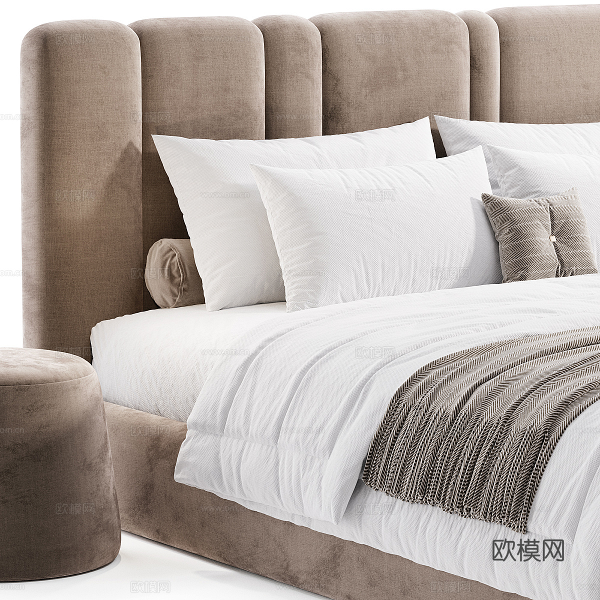 现代轻奢奶油风布艺双人床3d模型下载（渲染图4）