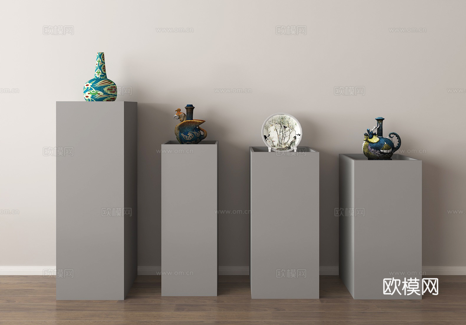 工艺品展示 艺术摆件 陶瓷展品 陈列设计 家居装饰 展示台3d模型