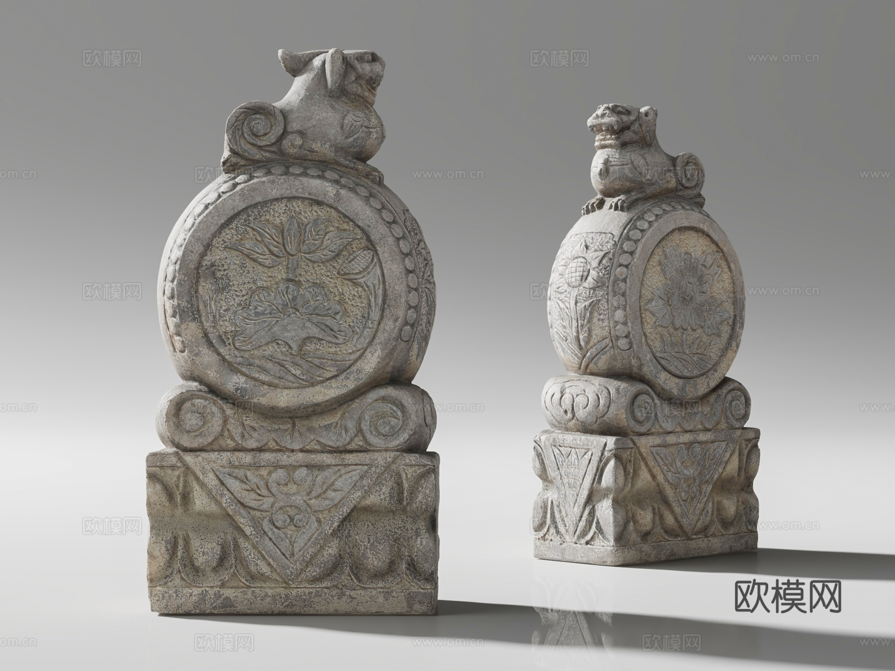 中式仿古构件 抱鼓石 石鼓门墩 抱鼓门仿石 石墩3d模型