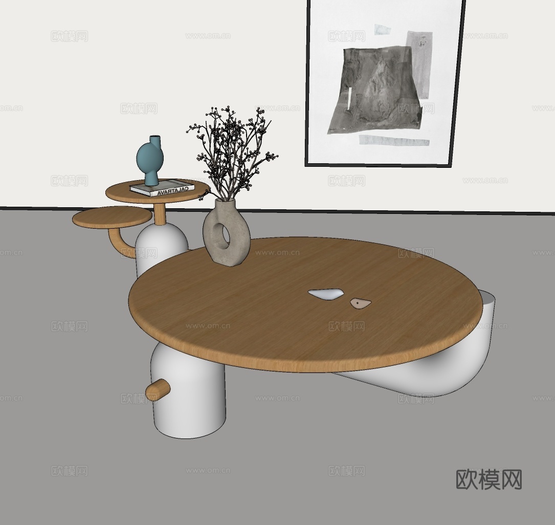 法式茶几组合 奶油风茶几组合 圆形茶几边几组合 原木茶几su模型